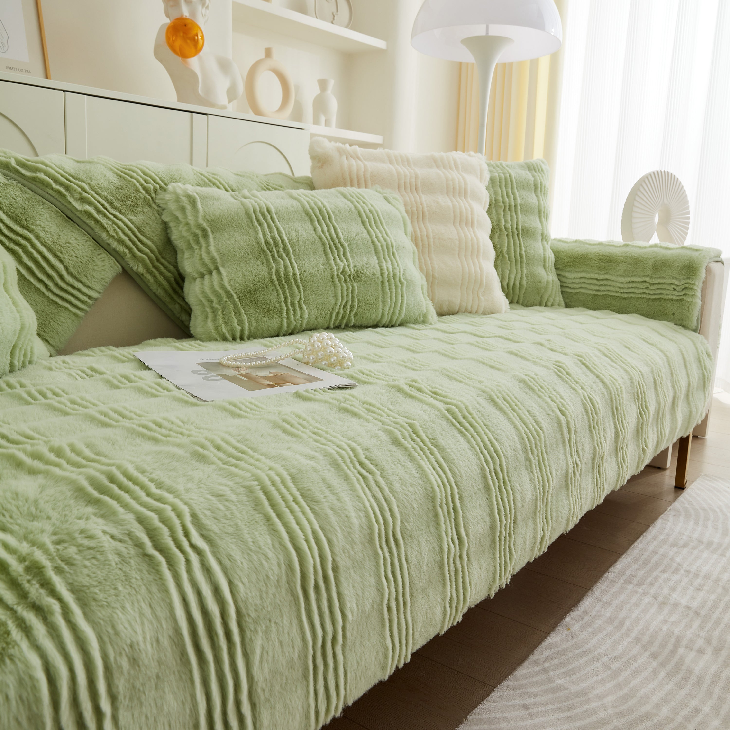 Soft Thick Faux Fur Sofa Cover Stripe Fluffy Fuzzy Non-slip Washable Couch Covers