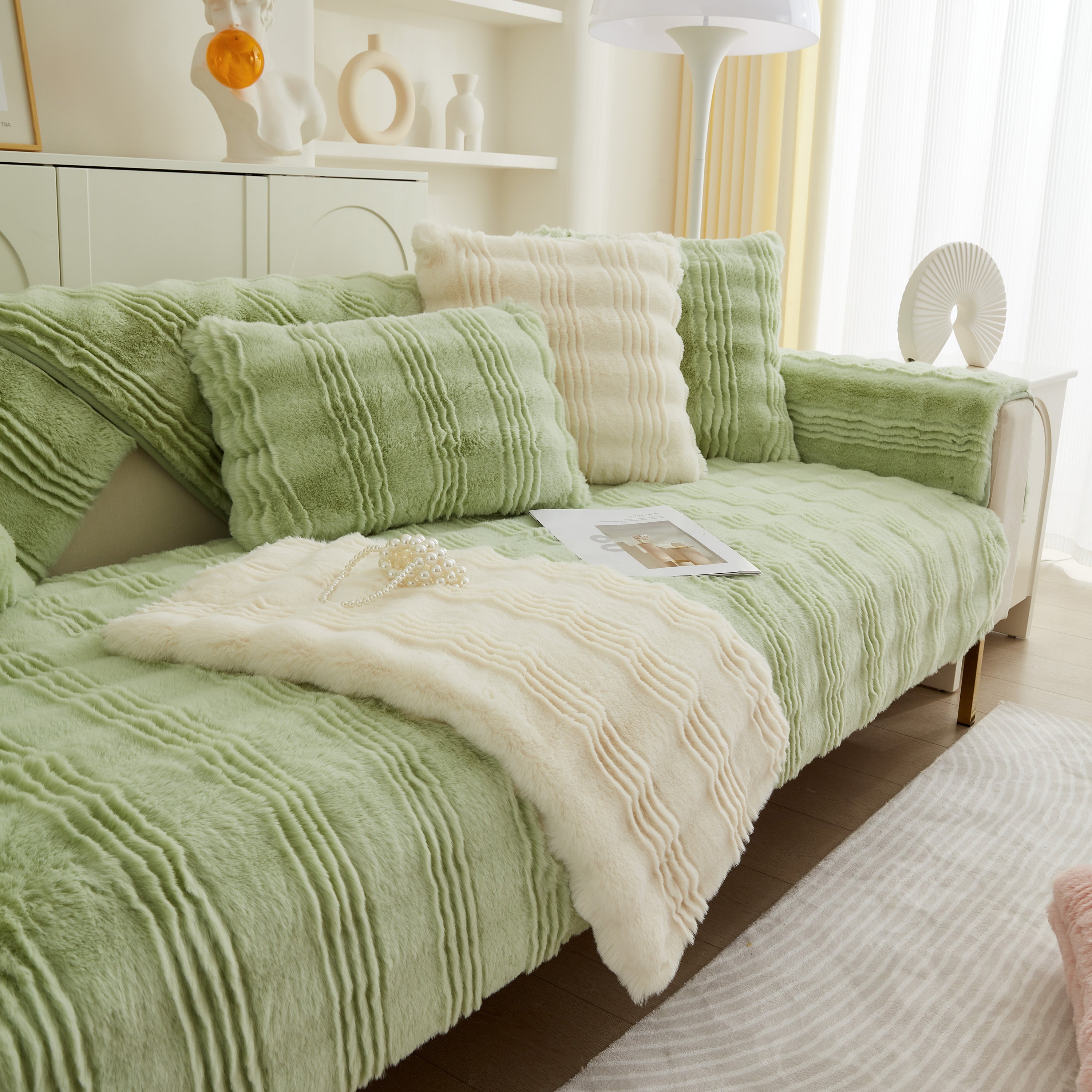Soft Thick Faux Fur Sofa Cover Stripe Fluffy Fuzzy Non-slip Washable Couch Covers