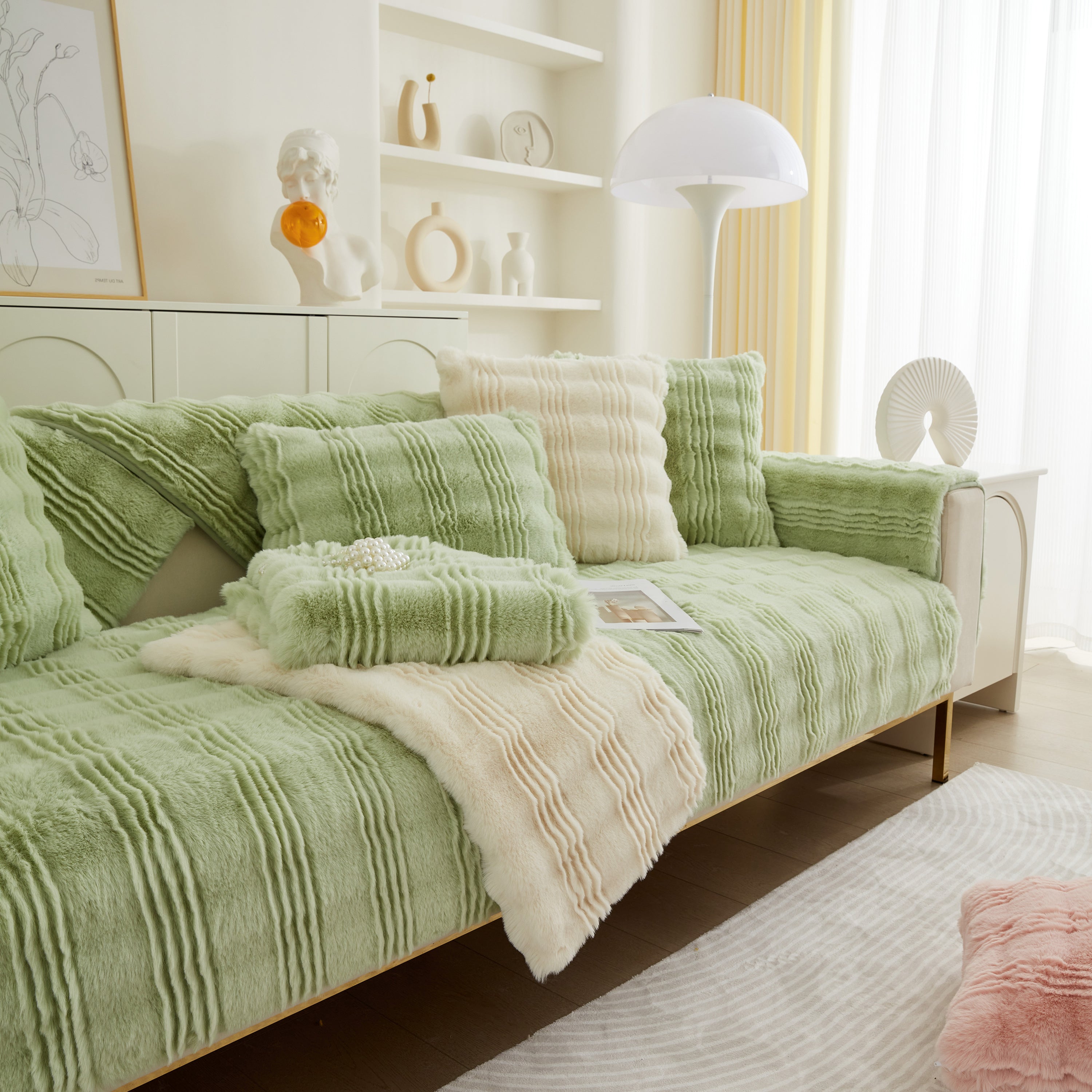 Soft Thick Faux Fur Sofa Cover Stripe Fluffy Fuzzy Non-slip Washable Couch Covers