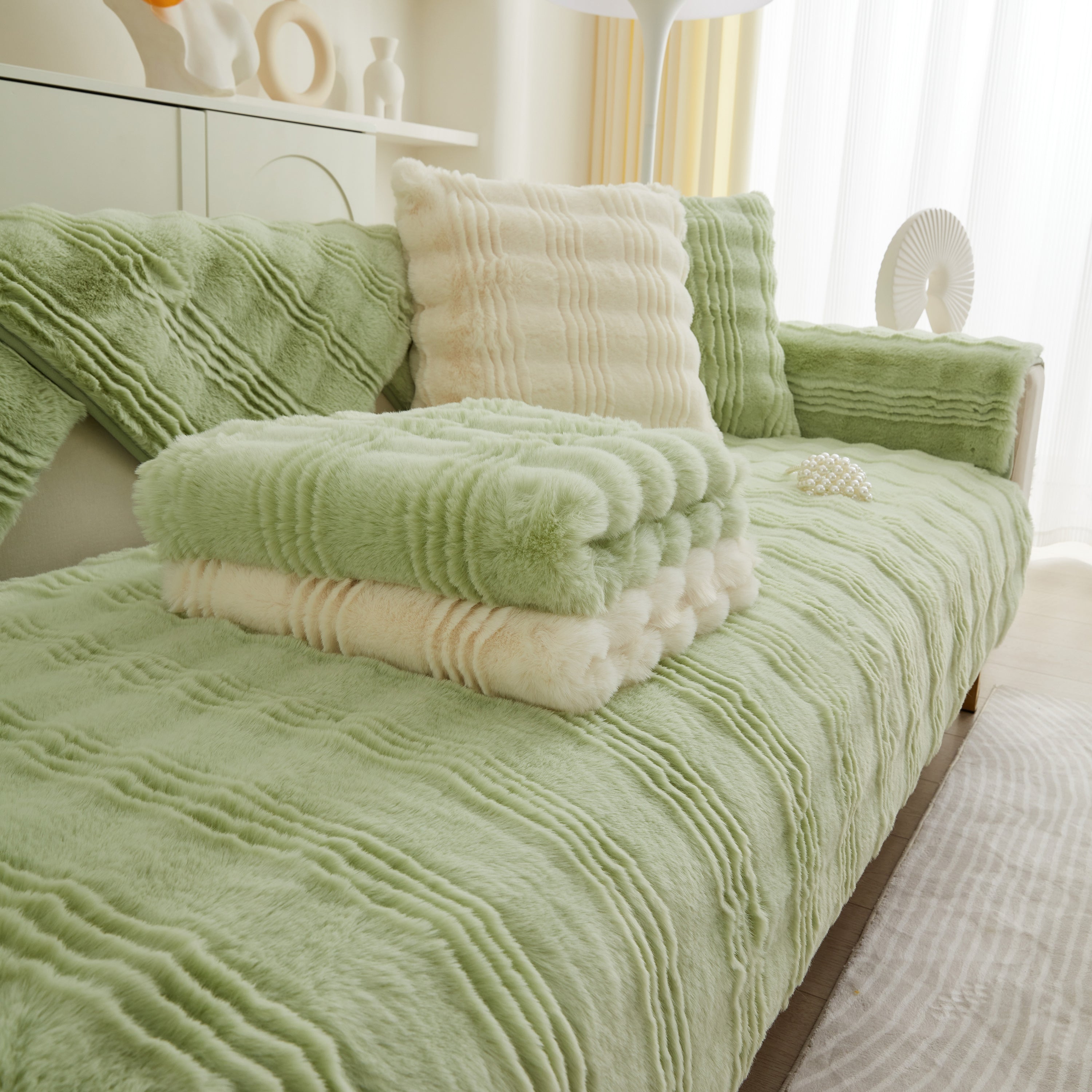 Soft Thick Faux Fur Sofa Cover Stripe Fluffy Fuzzy Non-slip Washable Couch Covers
