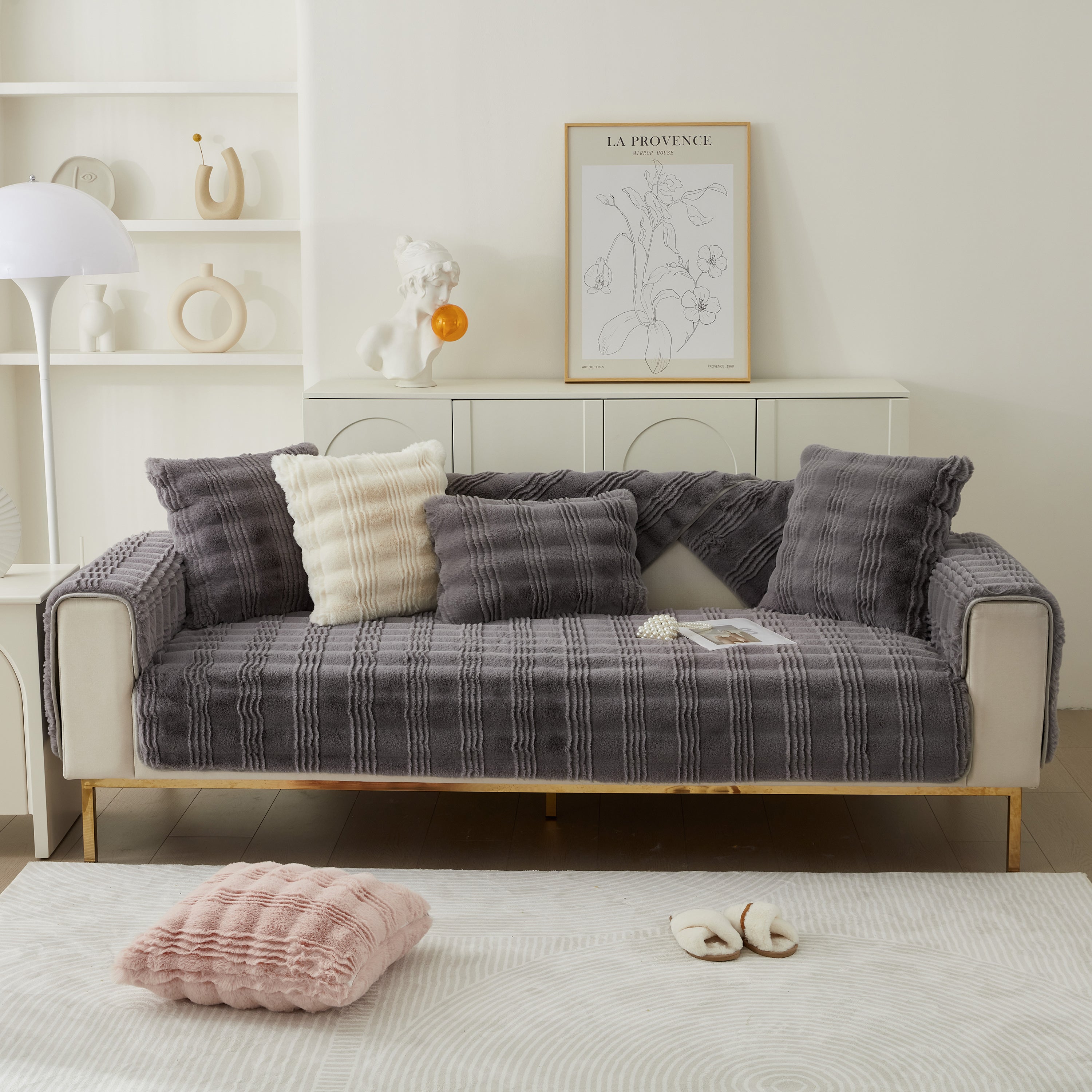 Soft Thick Faux Fur Sofa Cover Stripe Fluffy Fuzzy Non-slip Washable Couch Covers