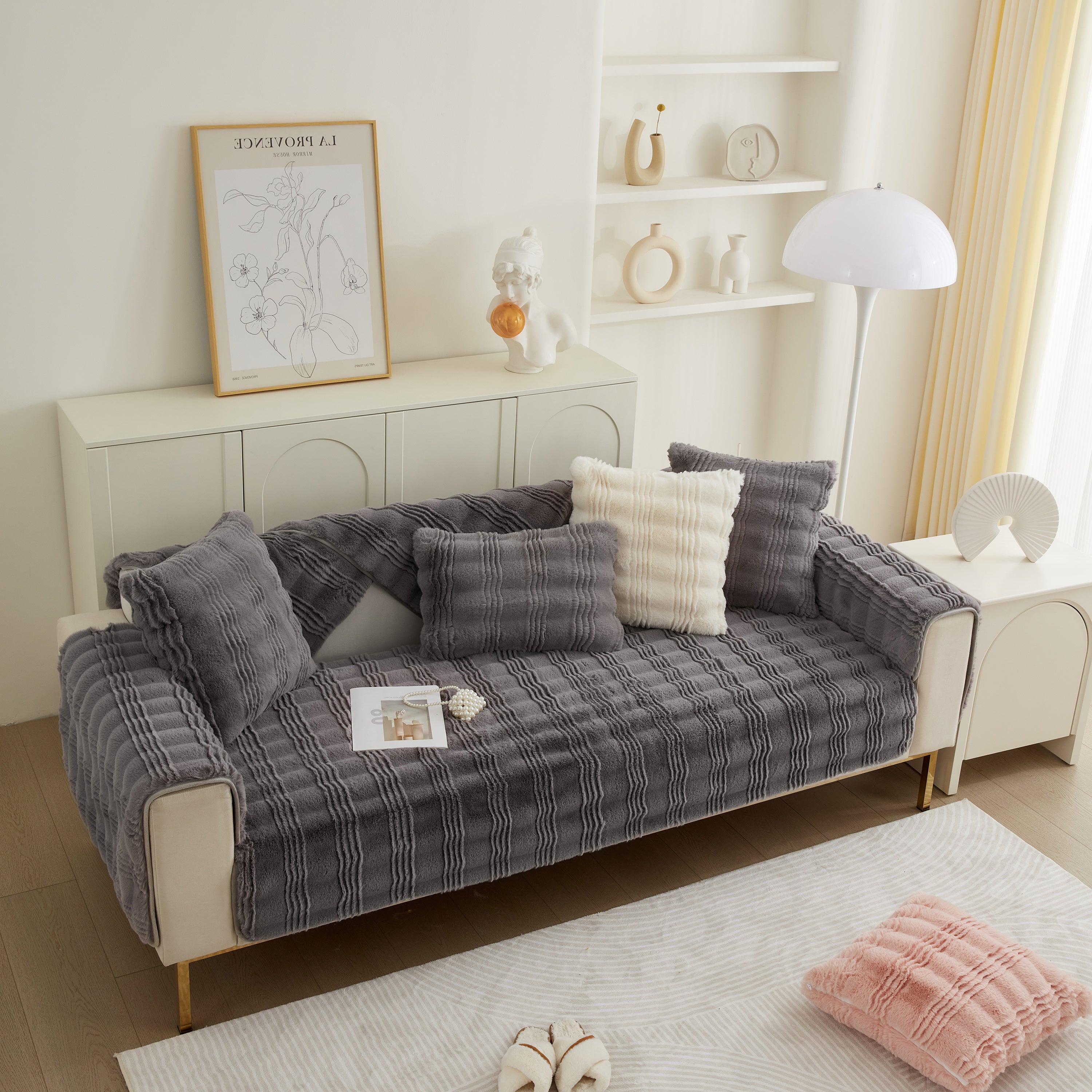 Soft Thick Faux Fur Sofa Cover Stripe Fluffy Fuzzy Non-slip Washable Couch Covers