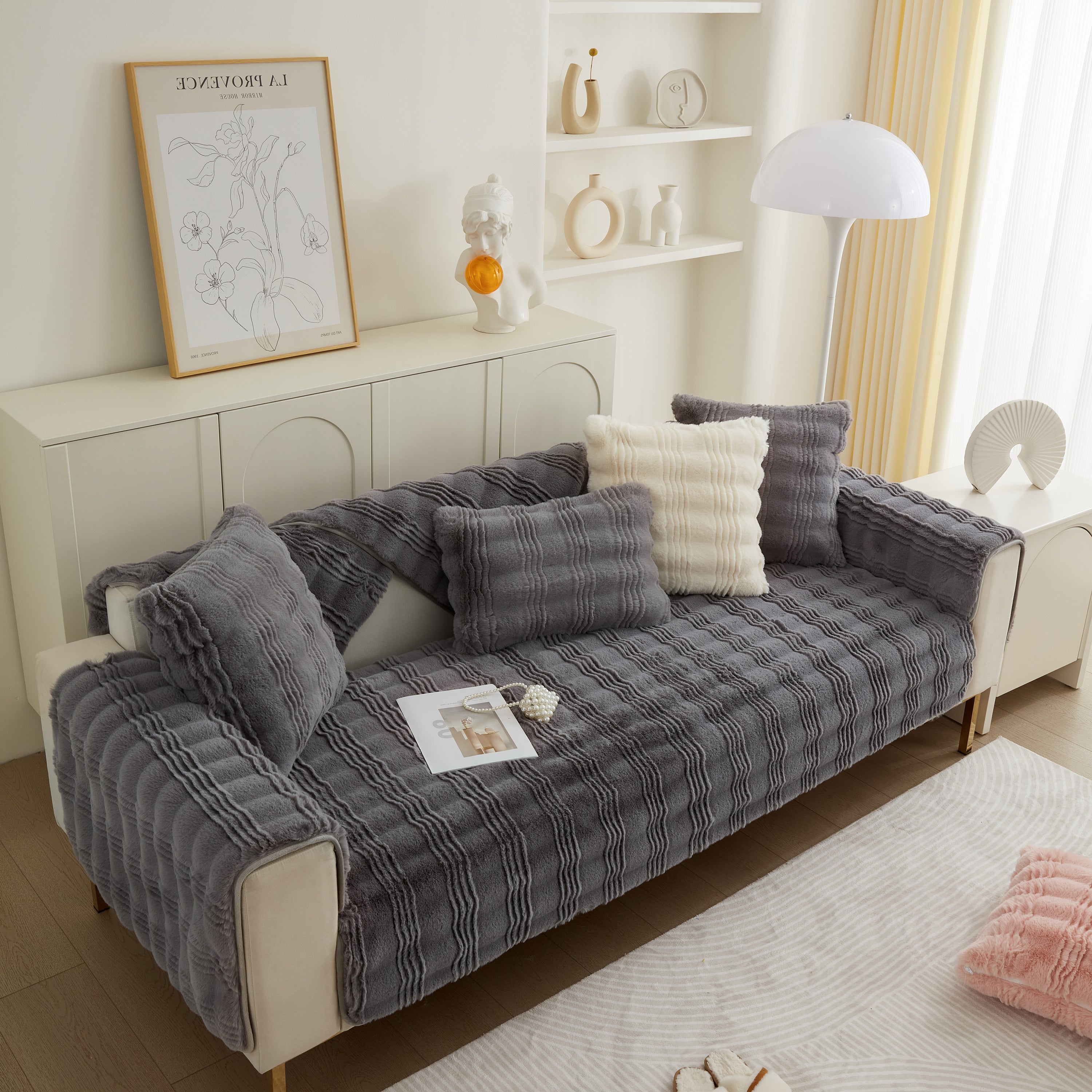 Soft Thick Faux Fur Sofa Cover Stripe Fluffy Fuzzy Non-slip Washable Couch Covers