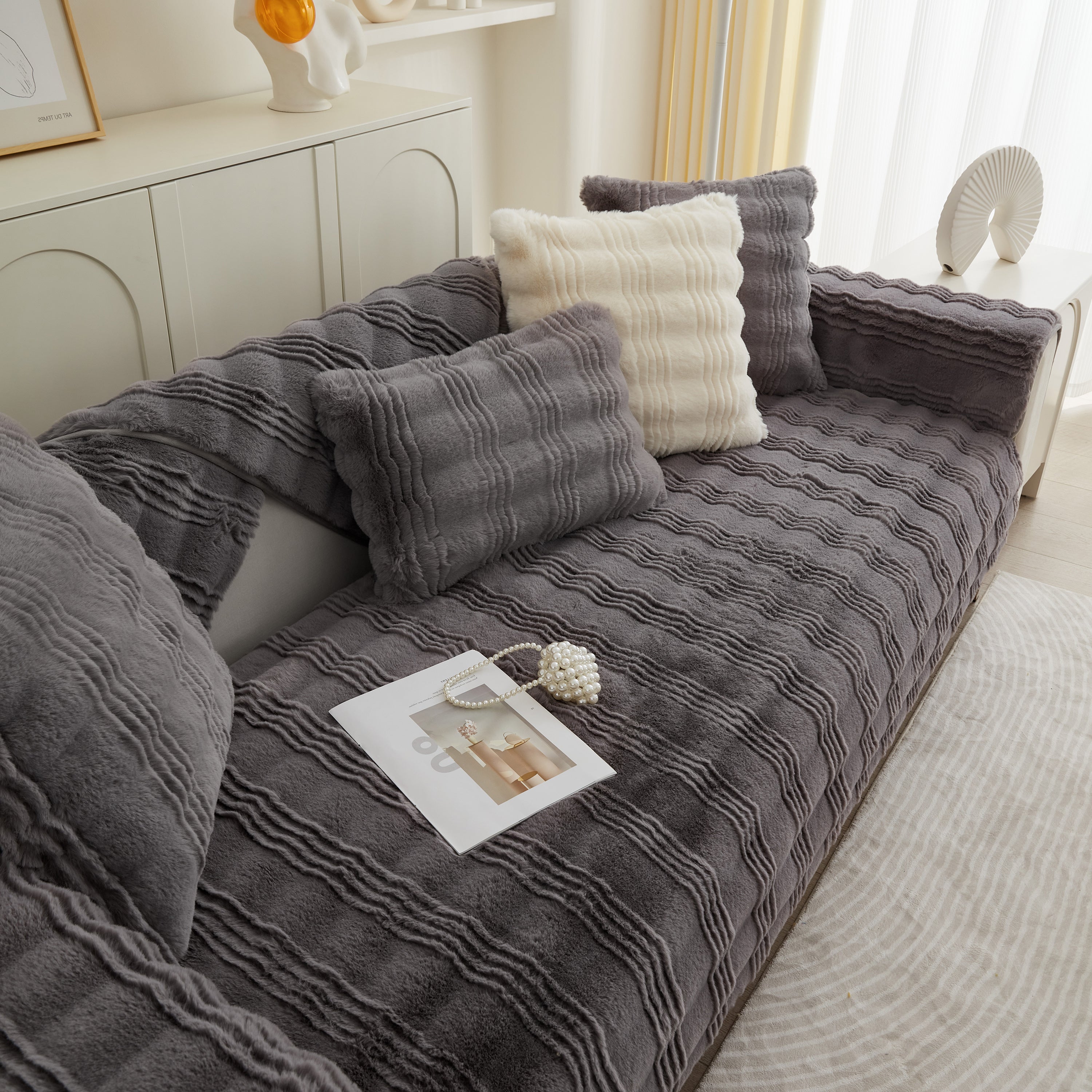 Soft Thick Faux Fur Sofa Cover Stripe Fluffy Fuzzy Non-slip Washable Couch Covers