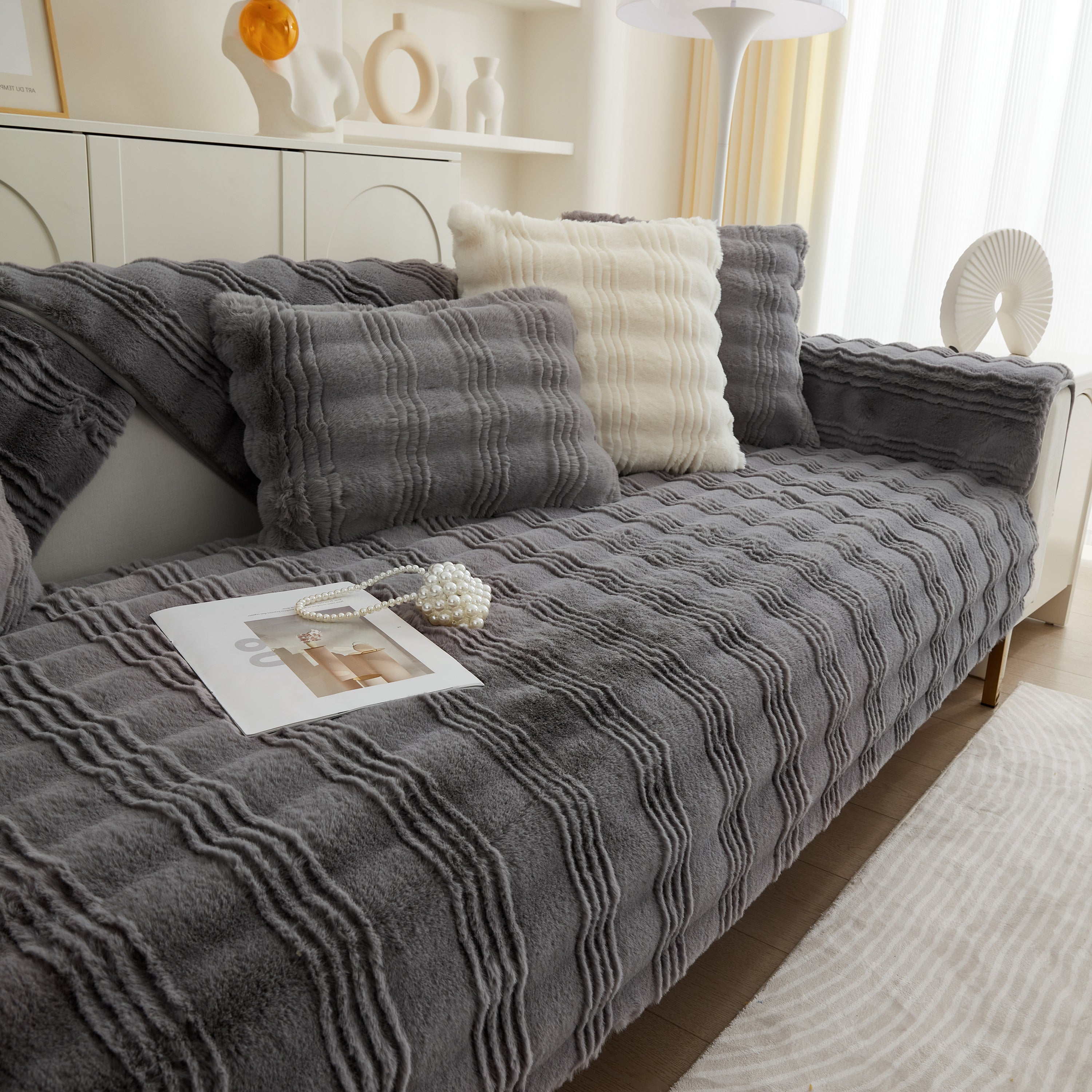 Soft Thick Faux Fur Sofa Cover Stripe Fluffy Fuzzy Non-slip Washable Couch Covers