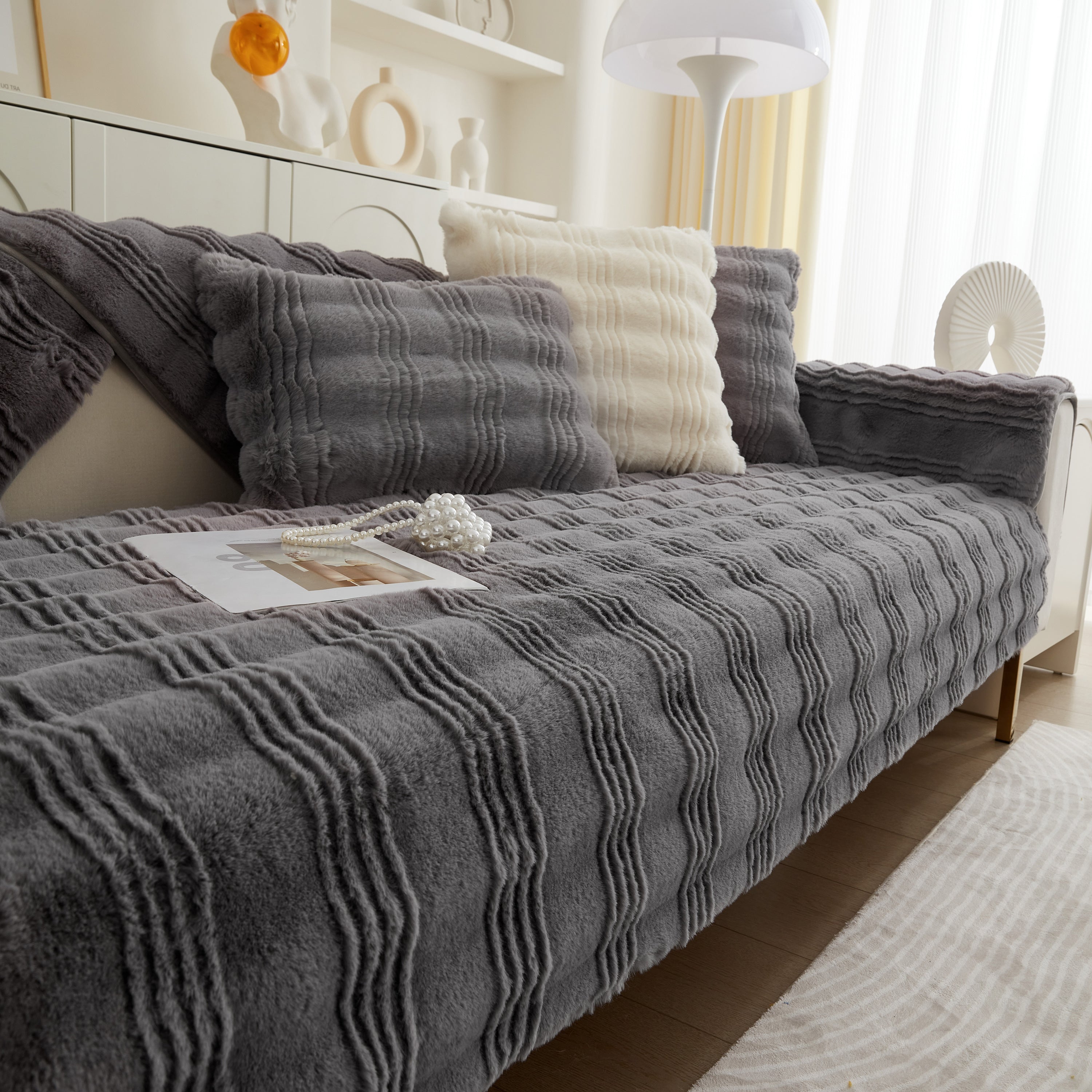 Soft Thick Faux Fur Sofa Cover Stripe Fluffy Fuzzy Non-slip Washable Couch Covers