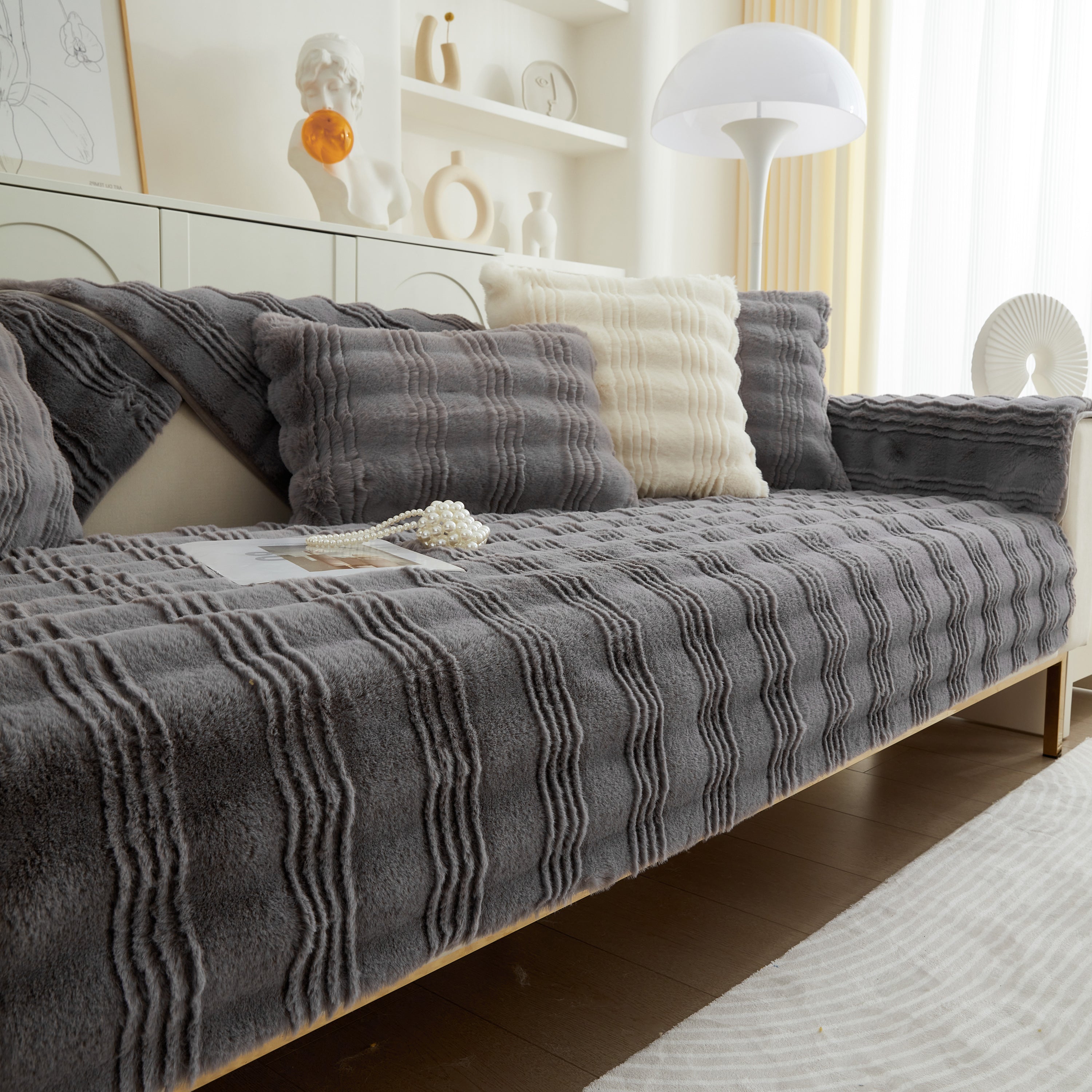 Soft Thick Faux Fur Sofa Cover Stripe Fluffy Fuzzy Non-slip Washable Couch Covers