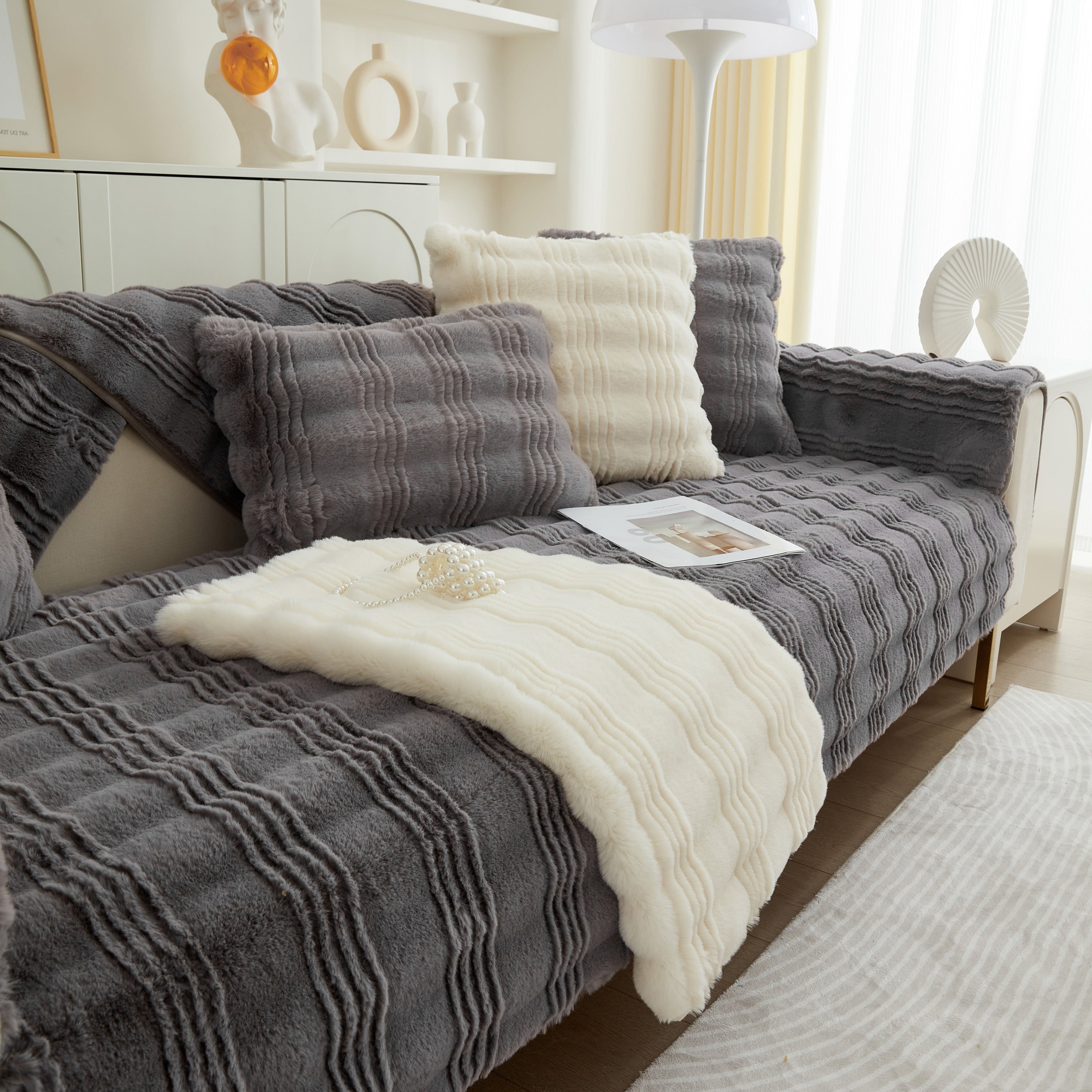 Soft Thick Faux Fur Sofa Cover Stripe Fluffy Fuzzy Non-slip Washable Couch Covers