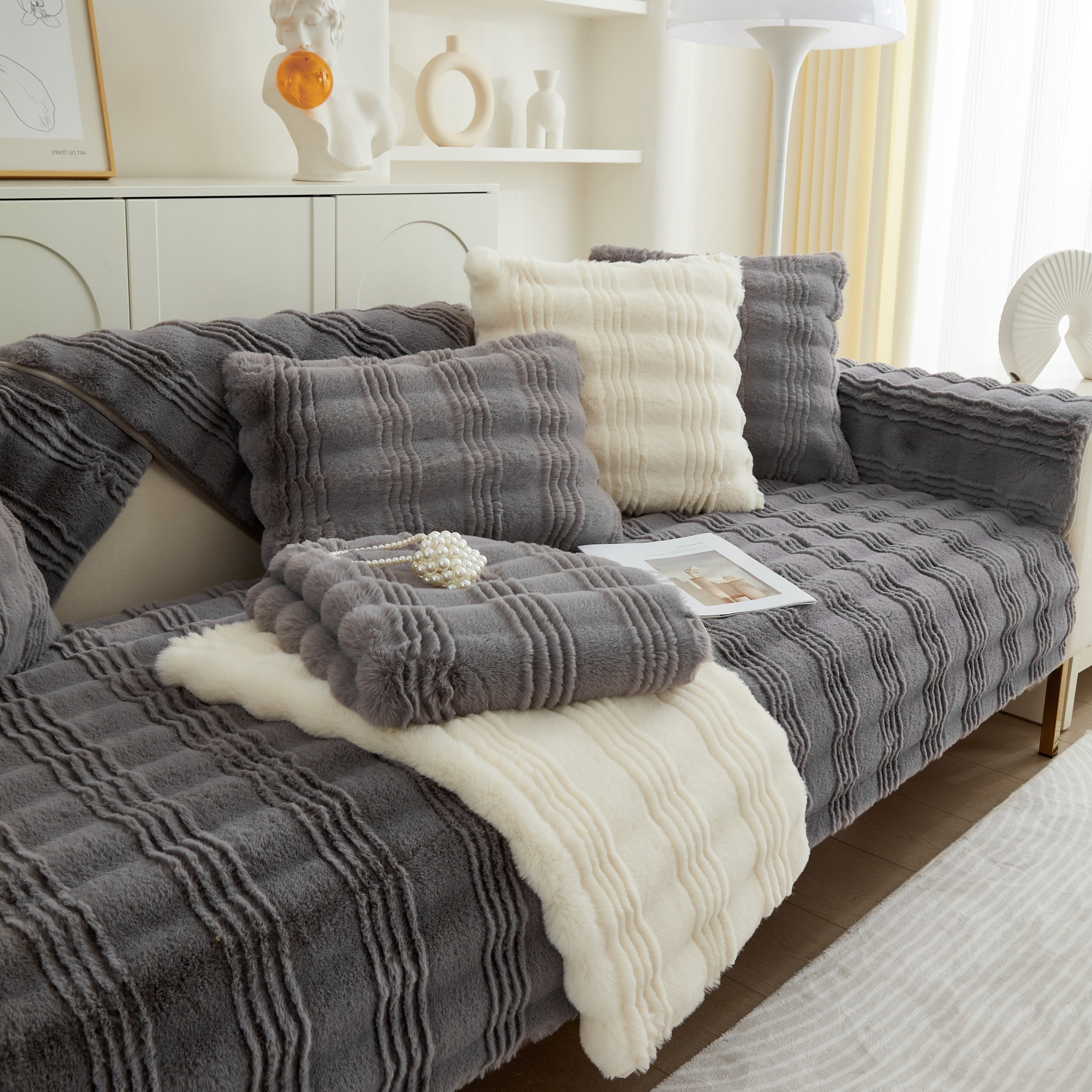 Soft Thick Faux Fur Sofa Cover Stripe Fluffy Fuzzy Non-slip Washable Couch Covers