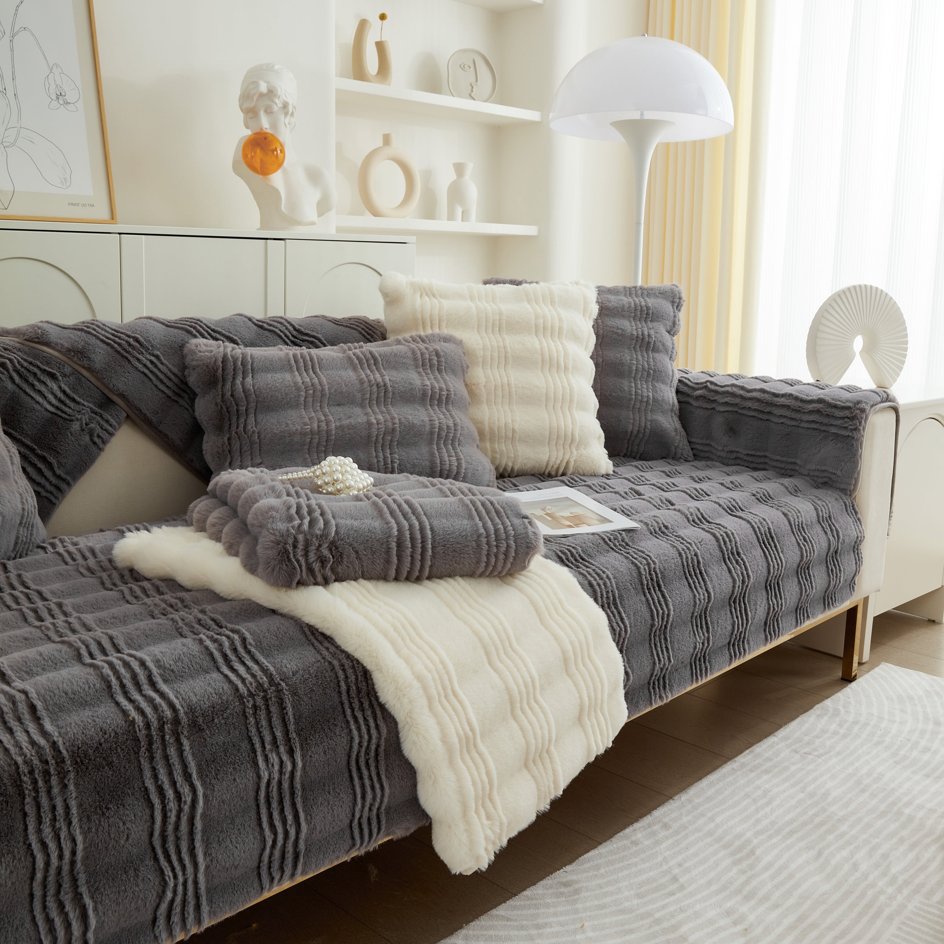 Soft Thick Faux Fur Sofa Cover Stripe Fluffy Fuzzy Non-slip Washable Couch Covers