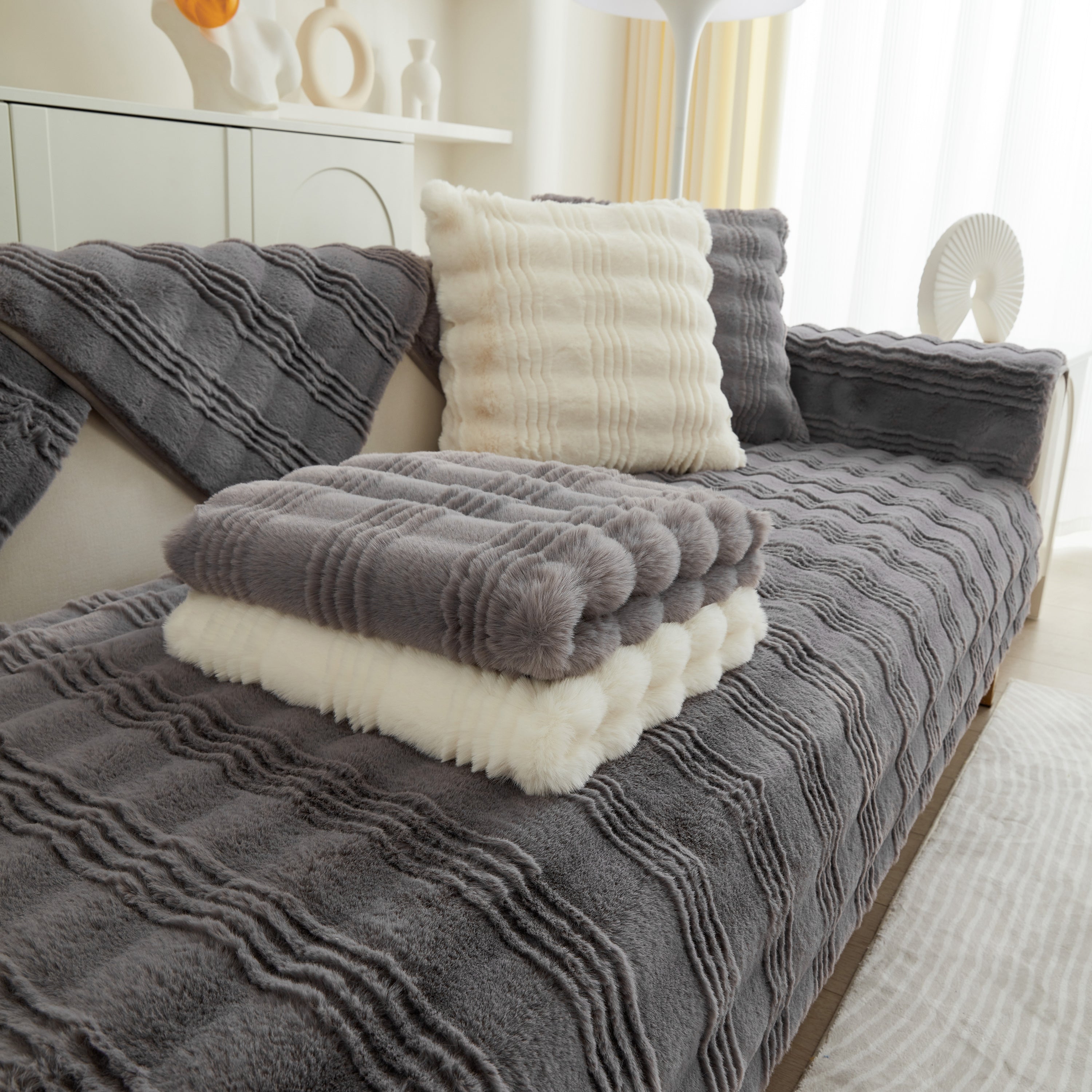 Soft Thick Faux Fur Sofa Cover Stripe Fluffy Fuzzy Non-slip Washable Couch Covers