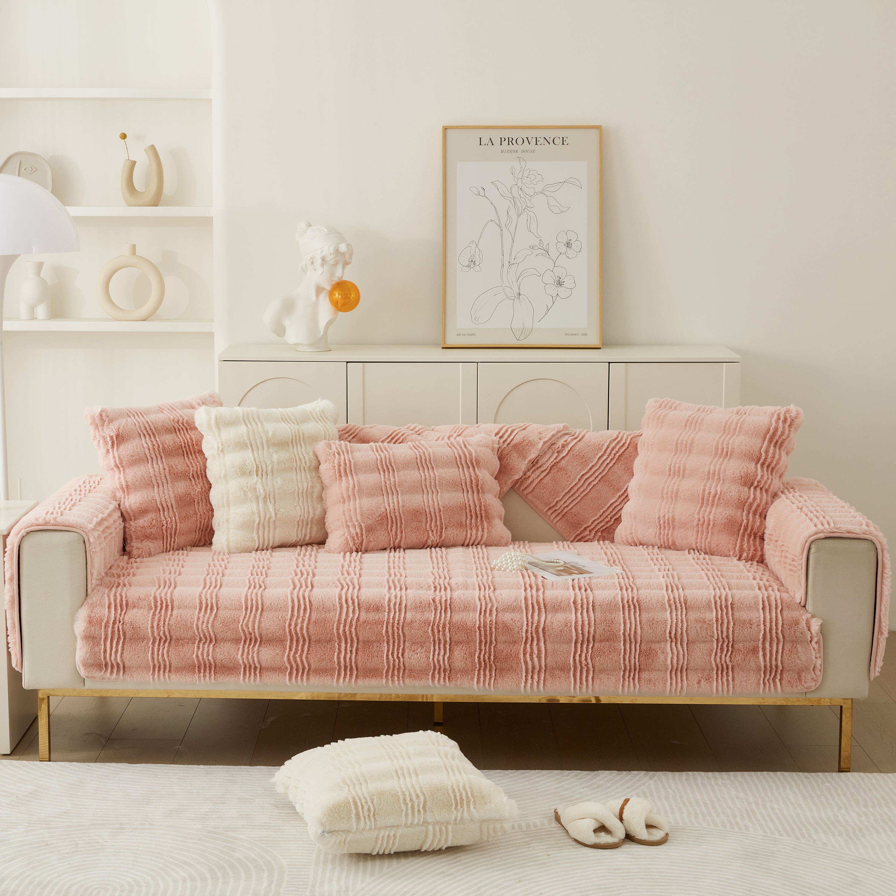 Soft Thick Faux Fur Sofa Cover Stripe Fluffy Fuzzy Non-slip Washable Couch Covers