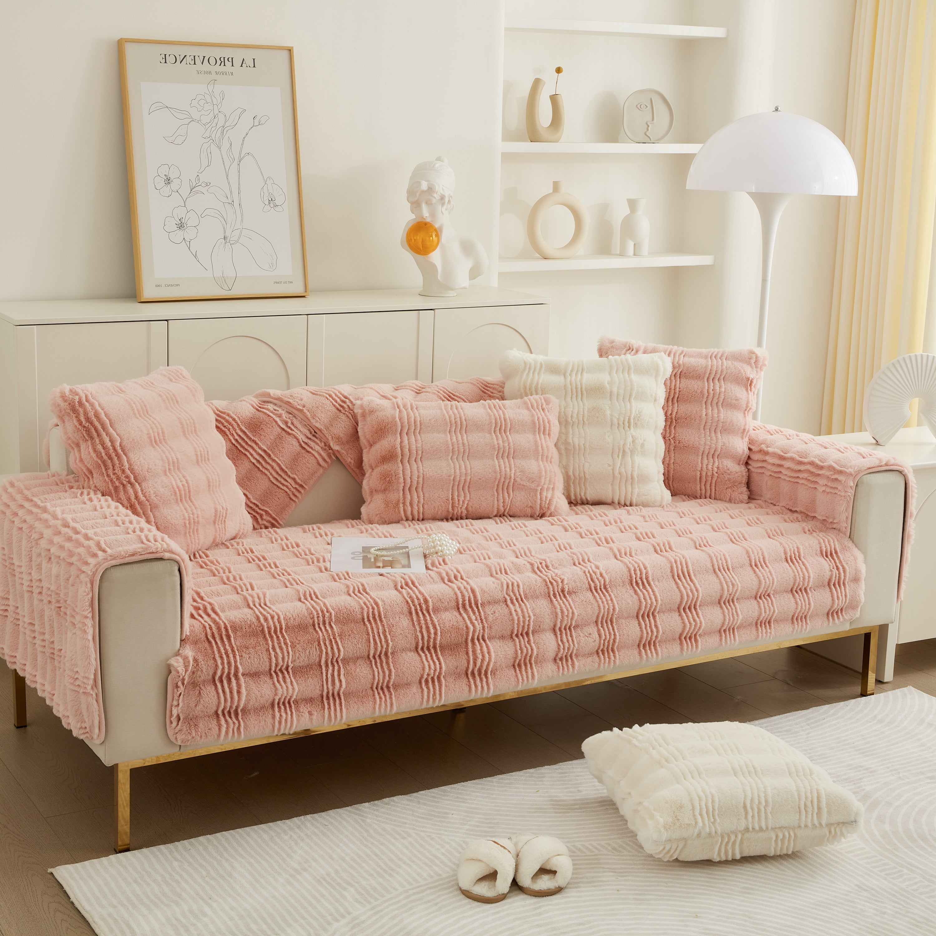 Soft Thick Faux Fur Sofa Cover Stripe Fluffy Fuzzy Non-slip Washable Couch Covers