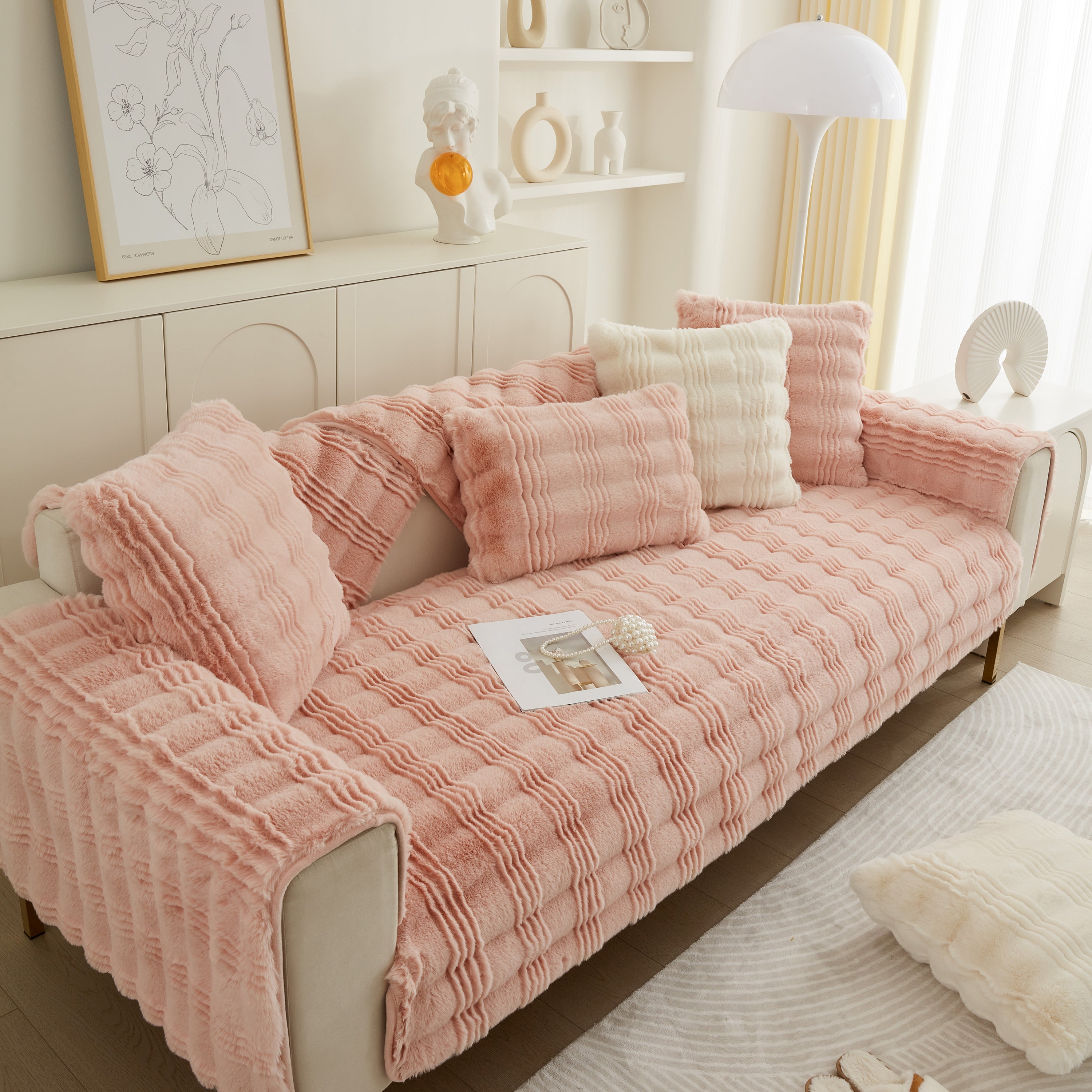 Soft Thick Faux Fur Sofa Cover Stripe Fluffy Fuzzy Non-slip Washable Couch Covers