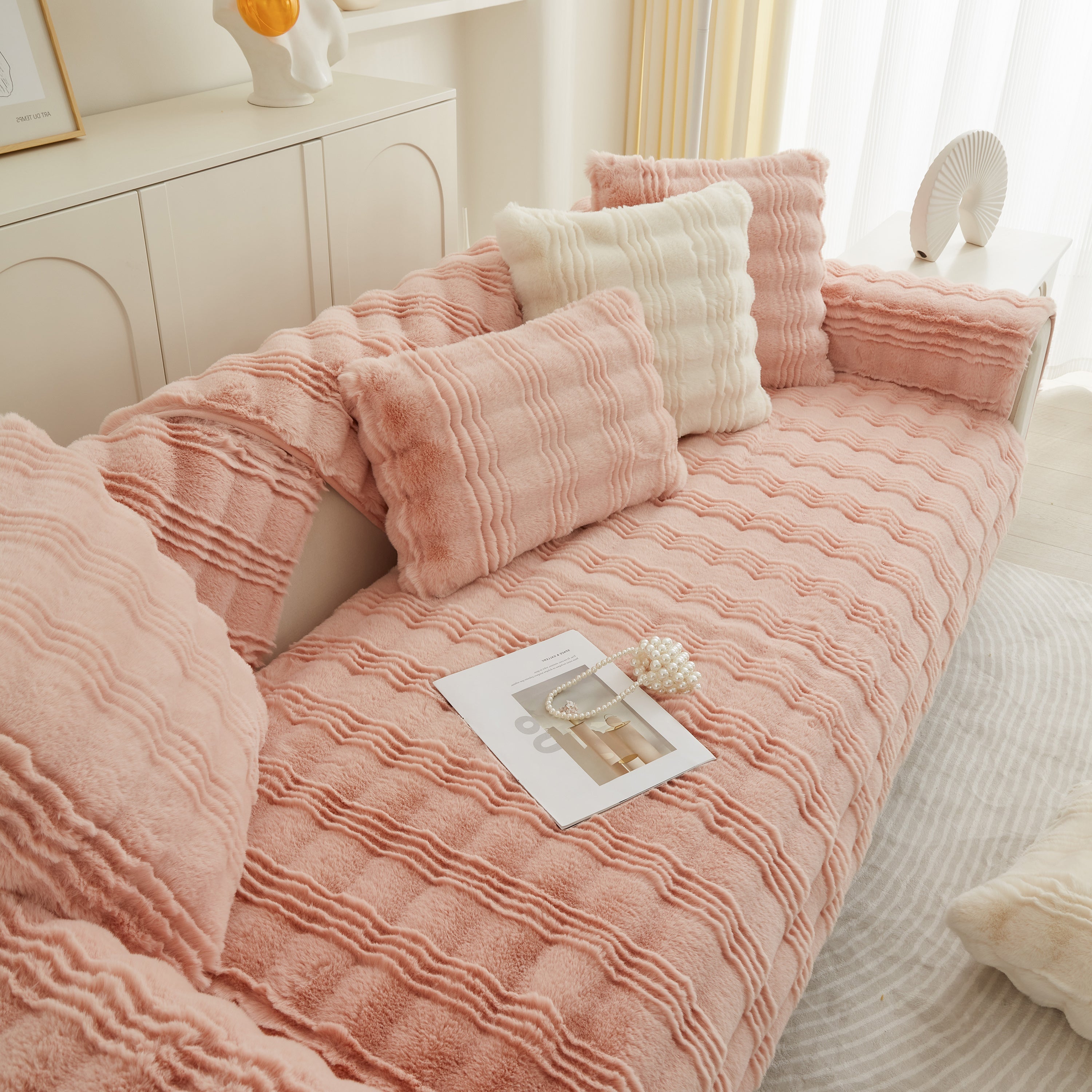 Soft Thick Faux Fur Sofa Cover Stripe Fluffy Fuzzy Non-slip Washable Couch Covers