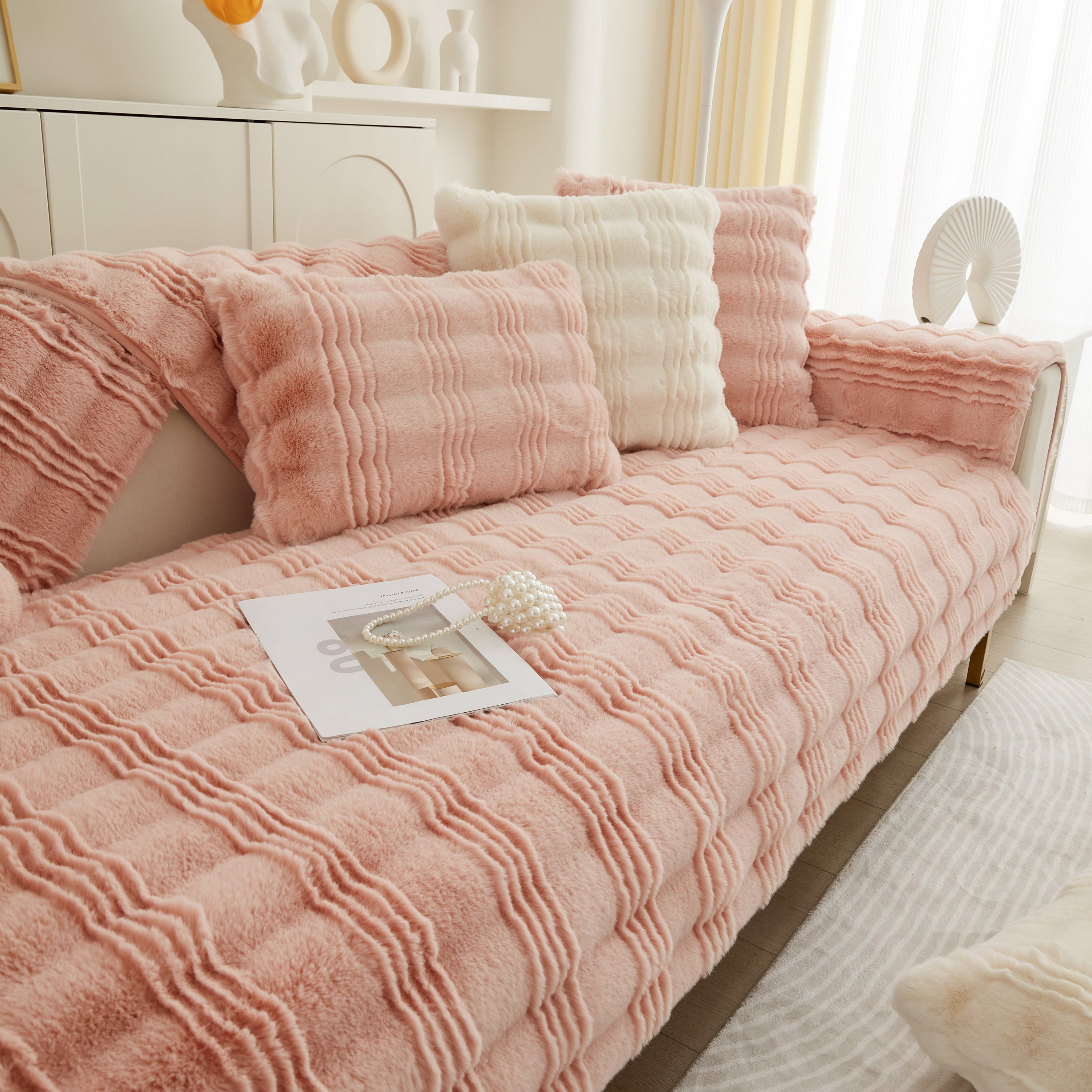 Soft Thick Faux Fur Sofa Cover Stripe Fluffy Fuzzy Non-slip Washable Couch Covers
