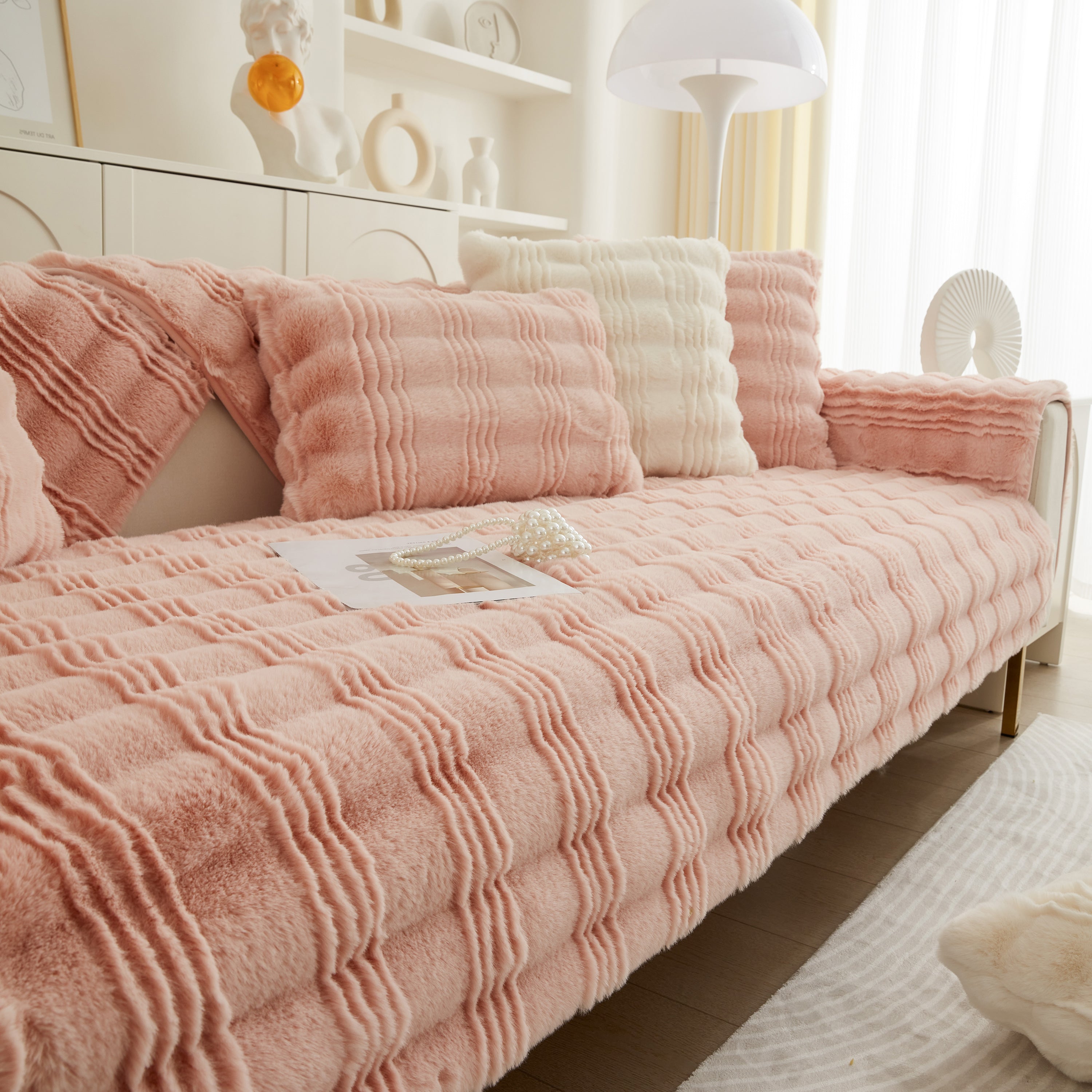 Soft Thick Faux Fur Sofa Cover Stripe Fluffy Fuzzy Non-slip Washable Couch Covers
