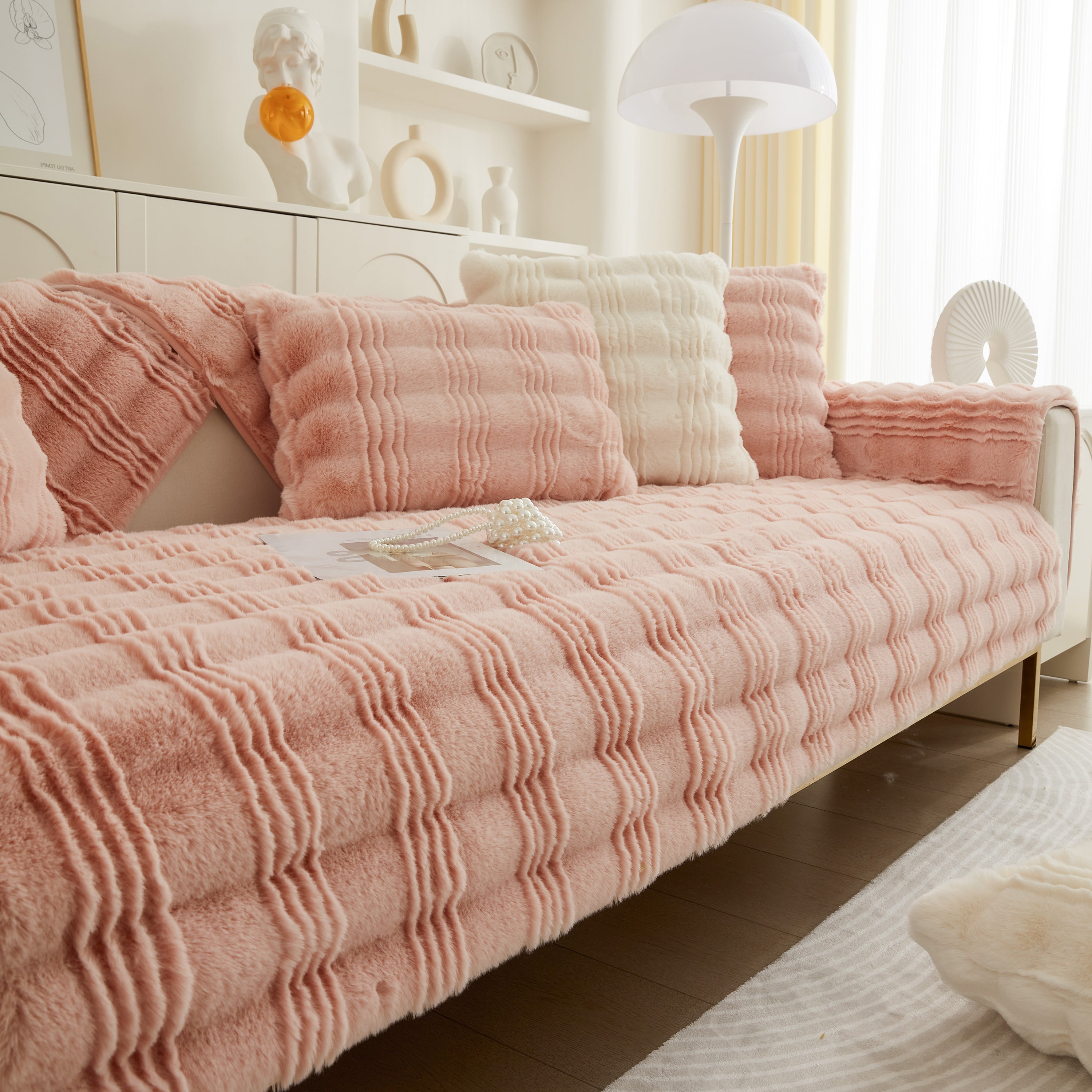 Soft Thick Faux Fur Sofa Cover Stripe Fluffy Fuzzy Non-slip Washable Couch Covers