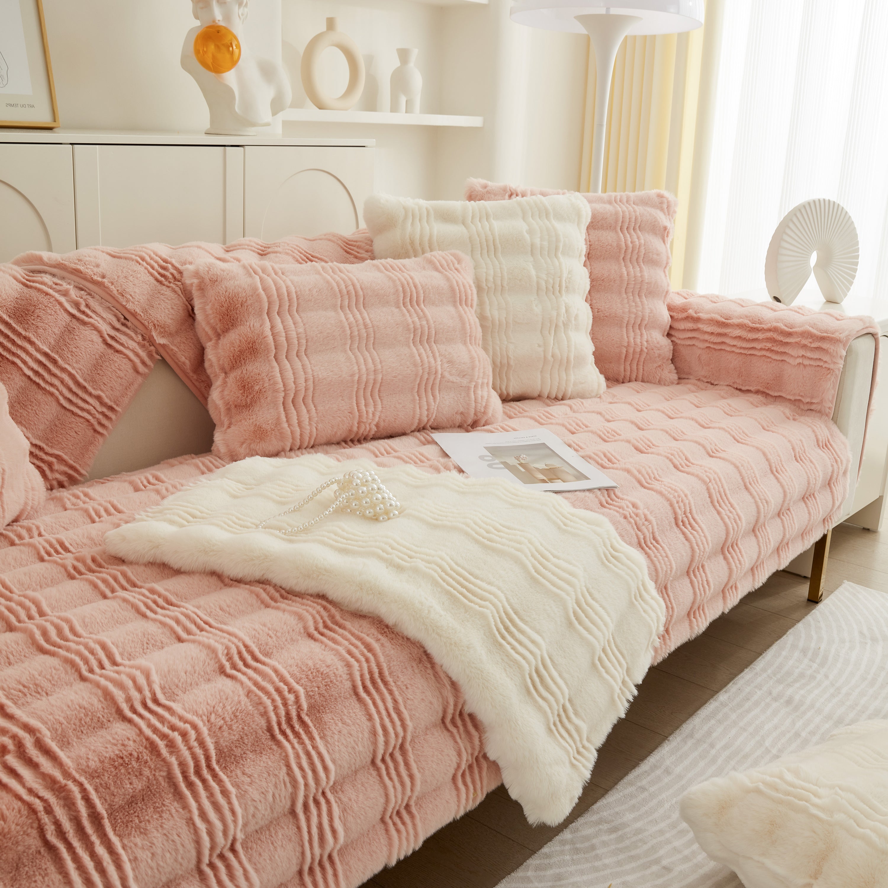 Soft Thick Faux Fur Sofa Cover Stripe Fluffy Fuzzy Non-slip Washable Couch Covers