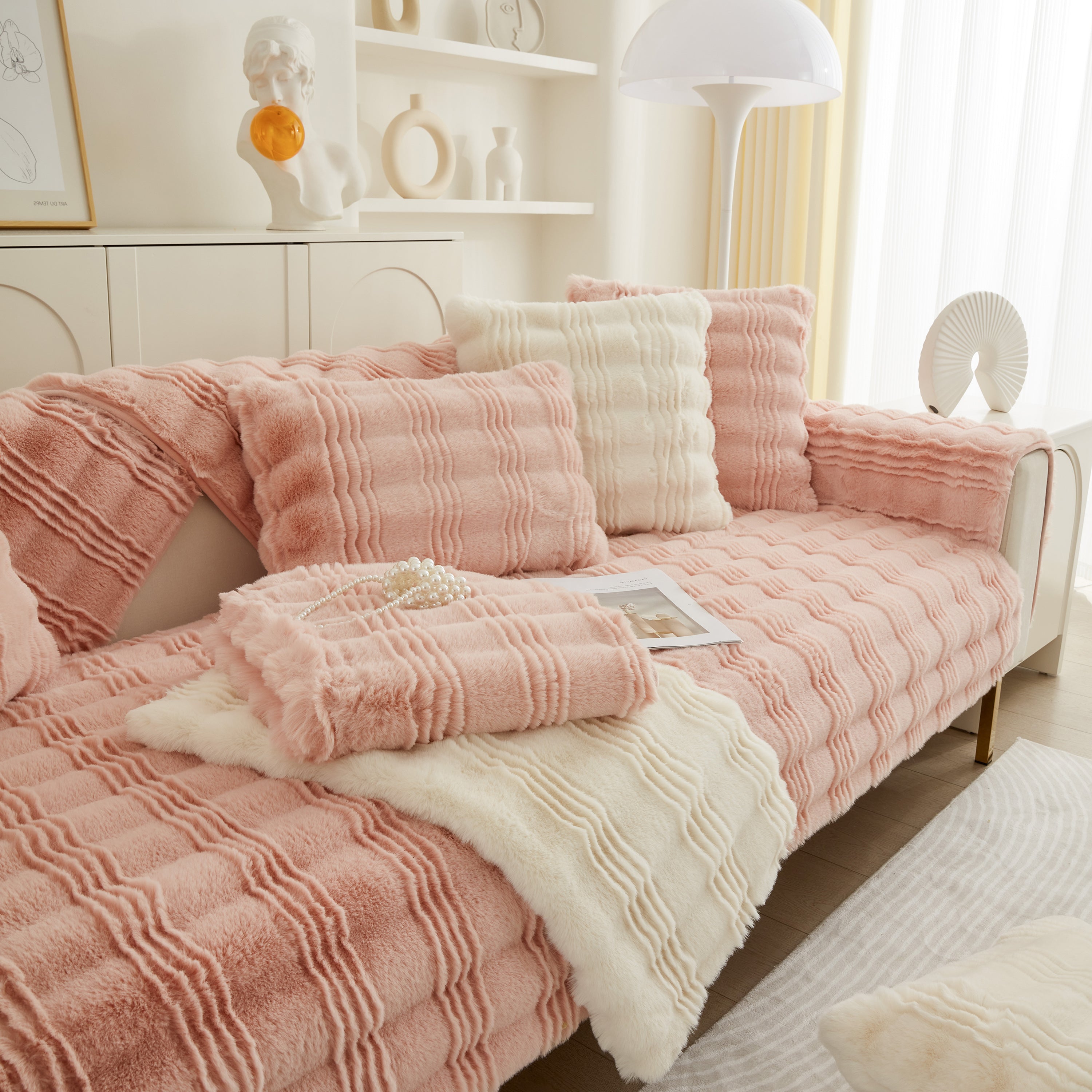Soft Thick Faux Fur Sofa Cover Stripe Fluffy Fuzzy Non-slip Washable Couch Covers