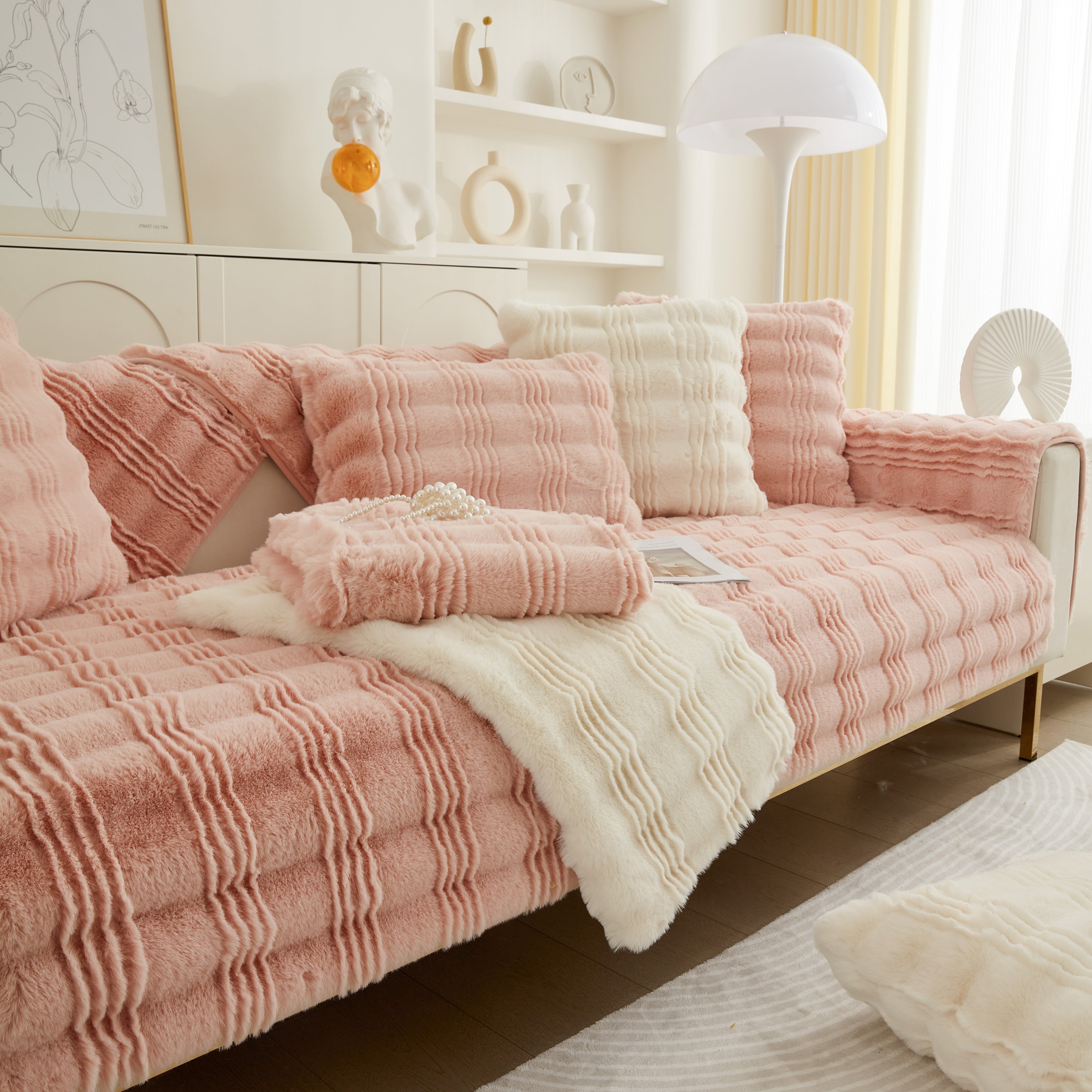 Soft Thick Faux Fur Sofa Cover Stripe Fluffy Fuzzy Non-slip Washable Couch Covers