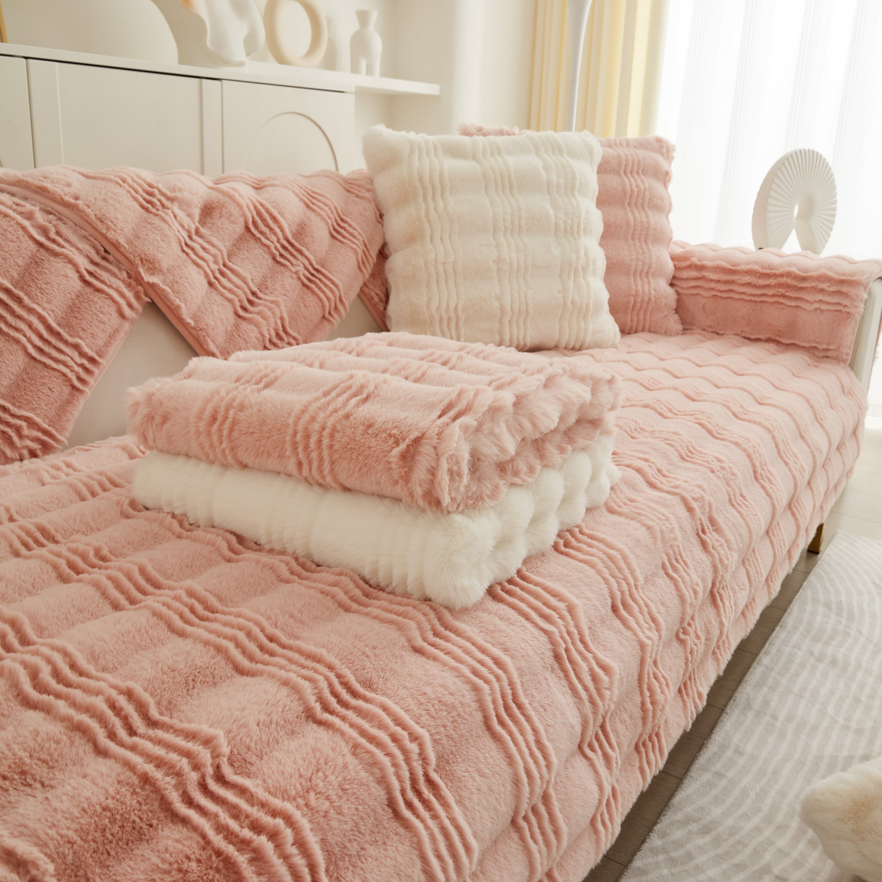 Soft Thick Faux Fur Sofa Cover Stripe Fluffy Fuzzy Non-slip Washable Couch Covers