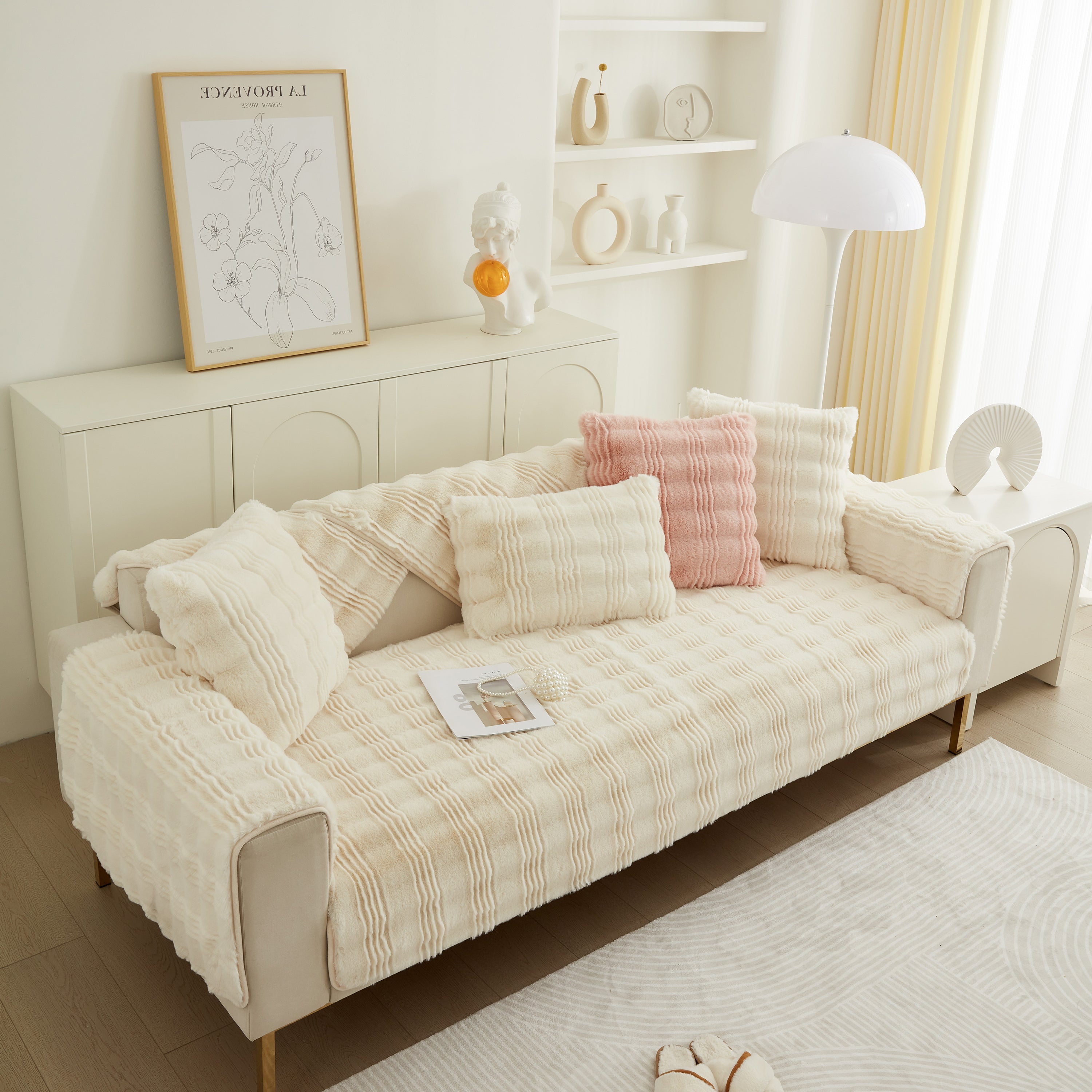 Soft Thick Faux Fur Sofa Cover Stripe Fluffy Fuzzy Non-slip Washable Couch Covers