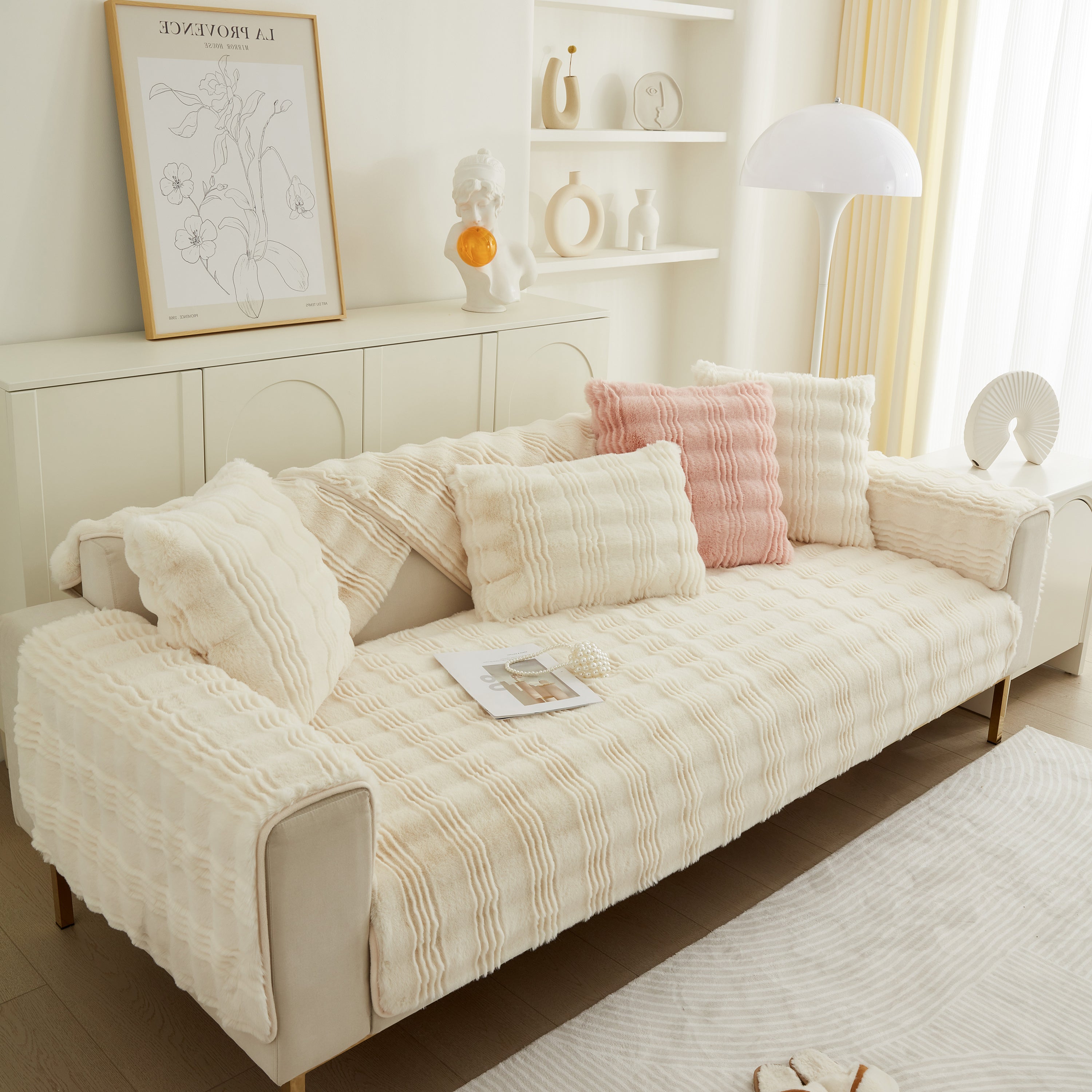Soft Thick Faux Fur Sofa Cover Stripe Fluffy Fuzzy Non-slip Washable Couch Covers