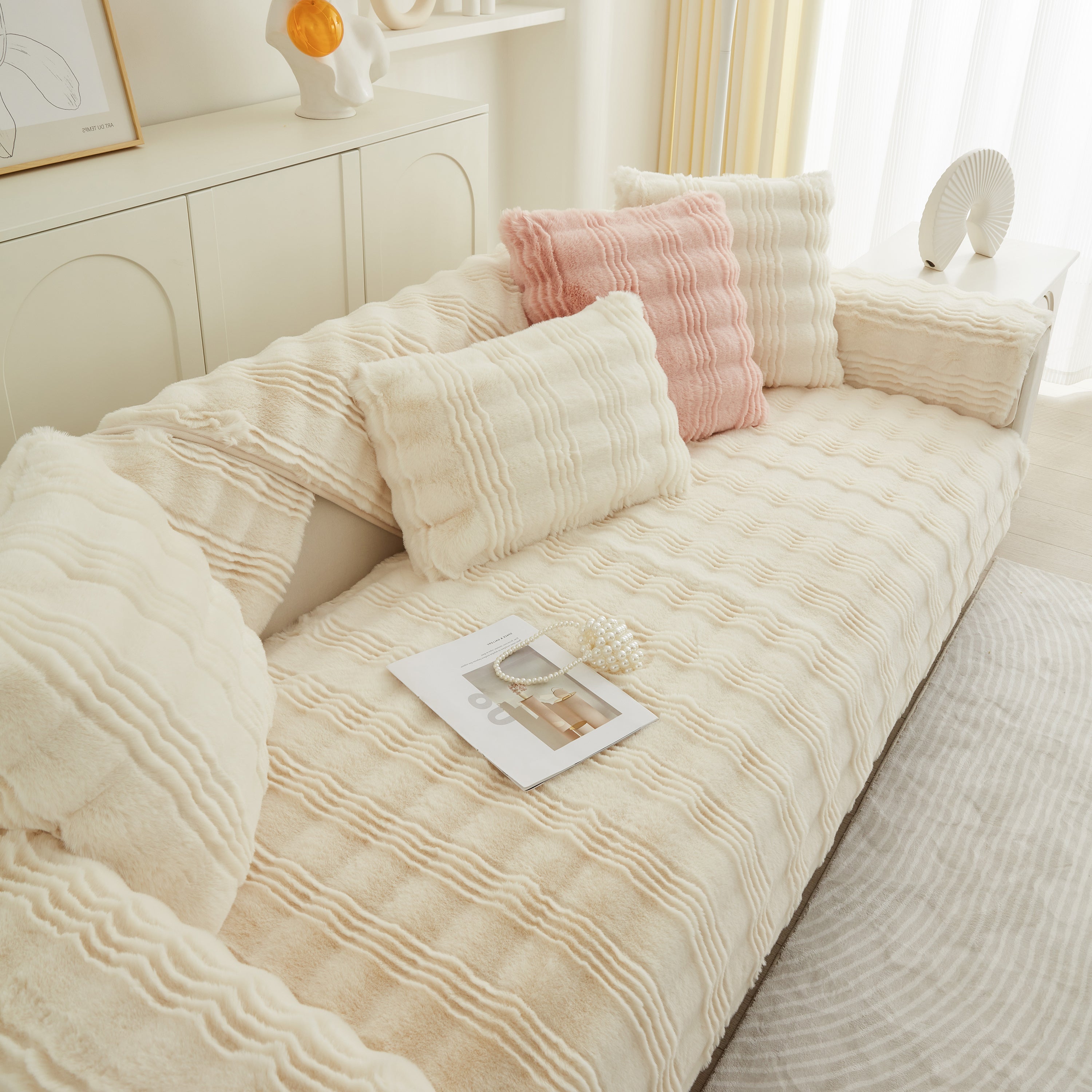 Soft Thick Faux Fur Sofa Cover Stripe Fluffy Fuzzy Non-slip Washable Couch Covers