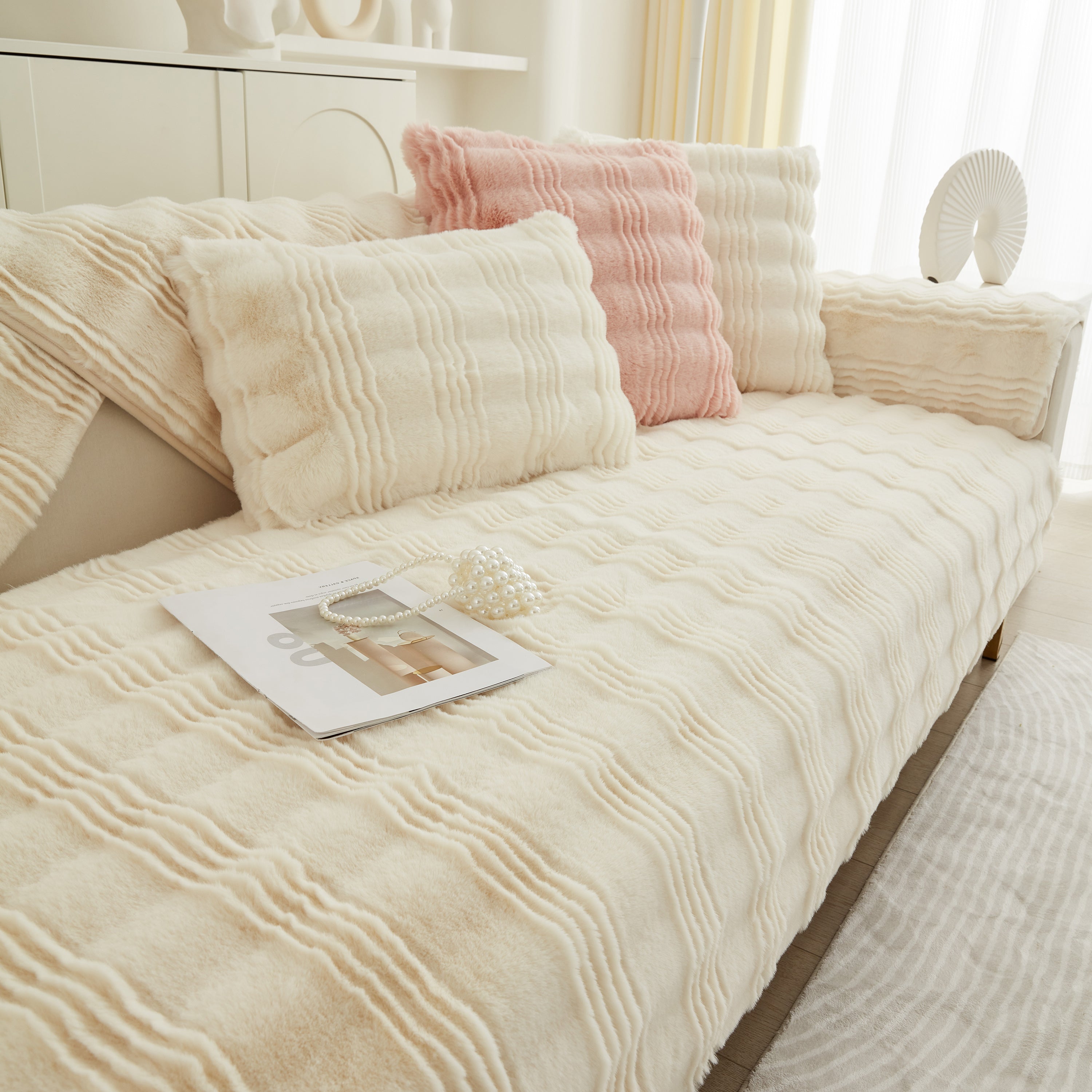 Soft Thick Faux Fur Sofa Cover Stripe Fluffy Fuzzy Non-slip Washable Couch Covers
