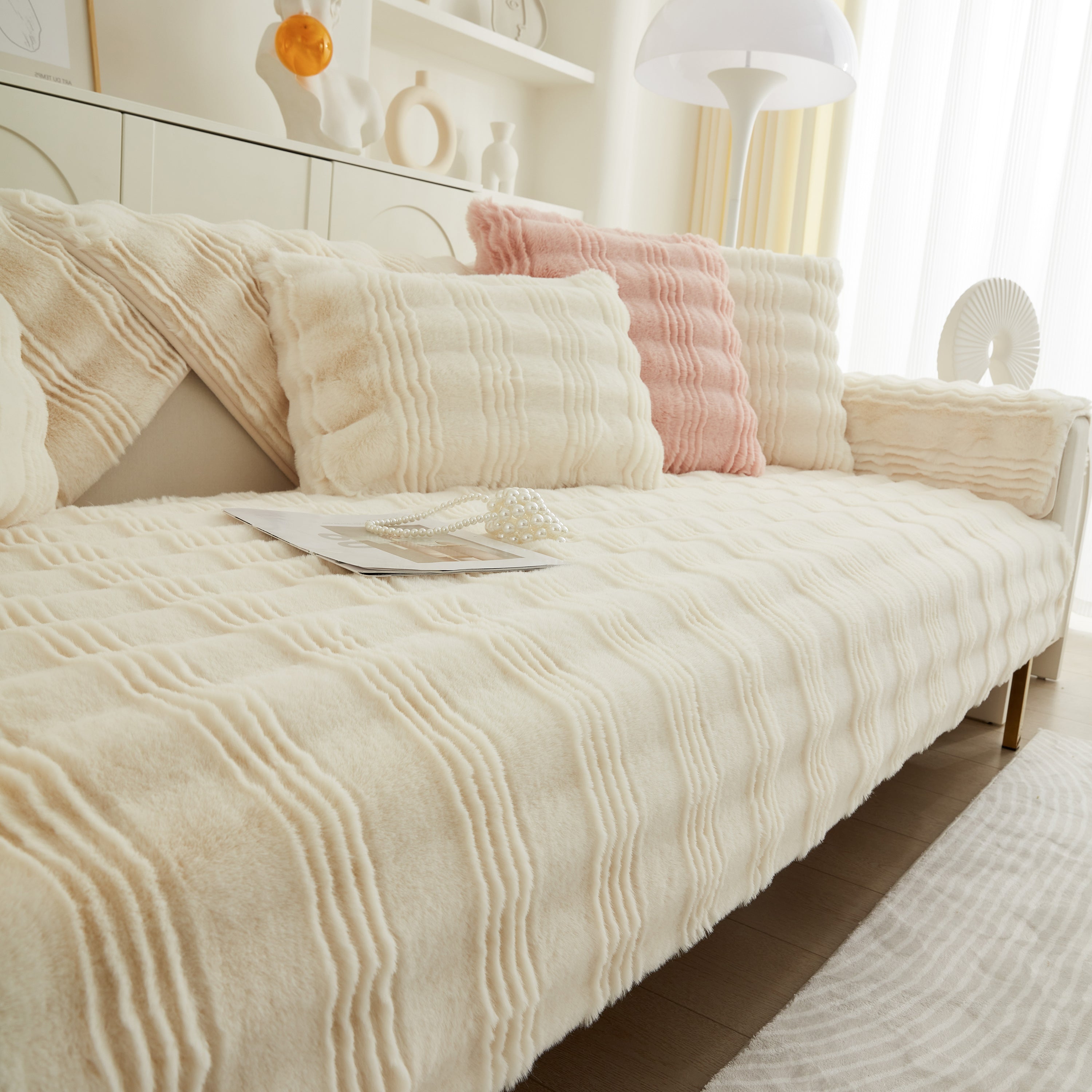 Soft Thick Faux Fur Sofa Cover Stripe Fluffy Fuzzy Non-slip Washable Couch Covers
