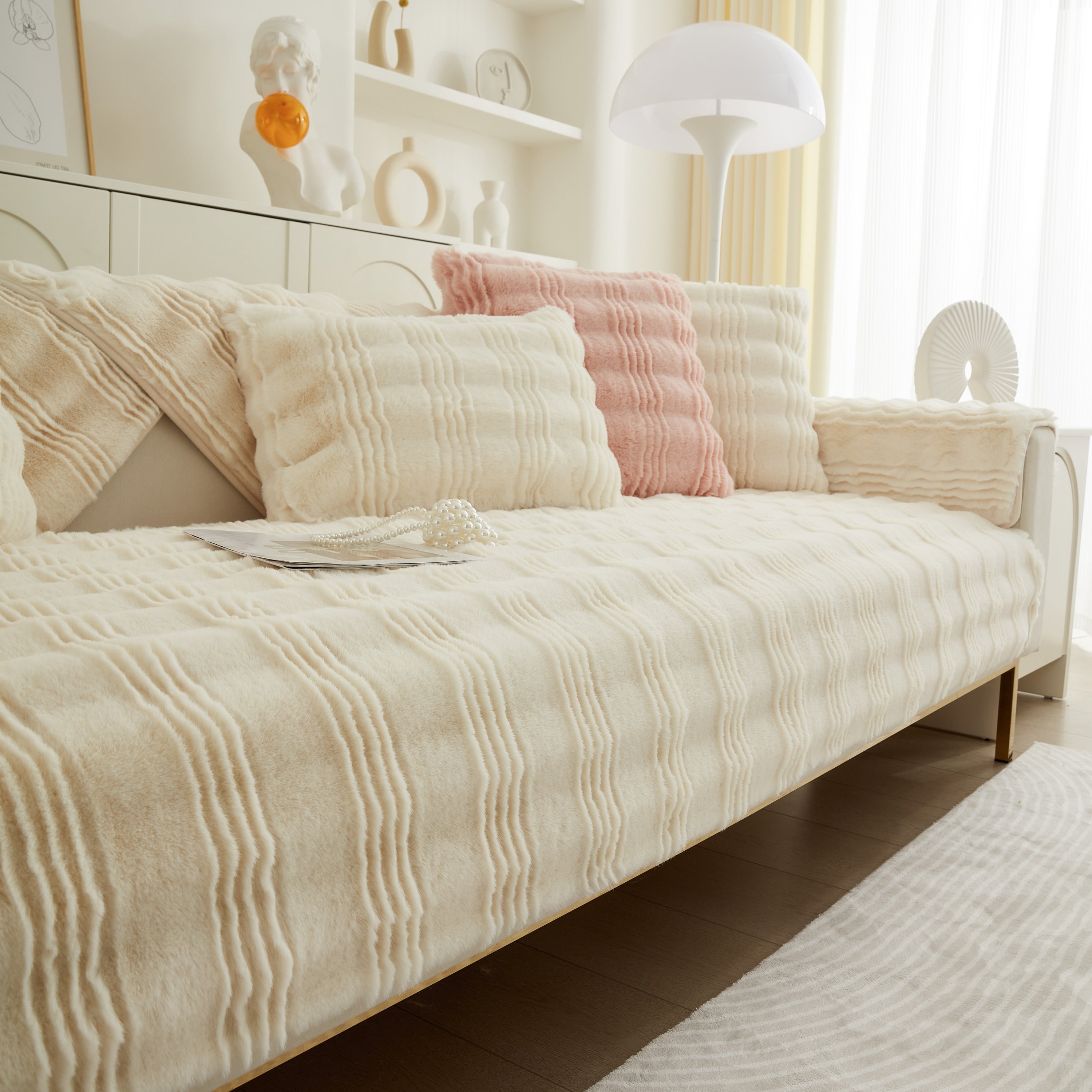 Soft Thick Faux Fur Sofa Cover Stripe Fluffy Fuzzy Non-slip Washable Couch Covers