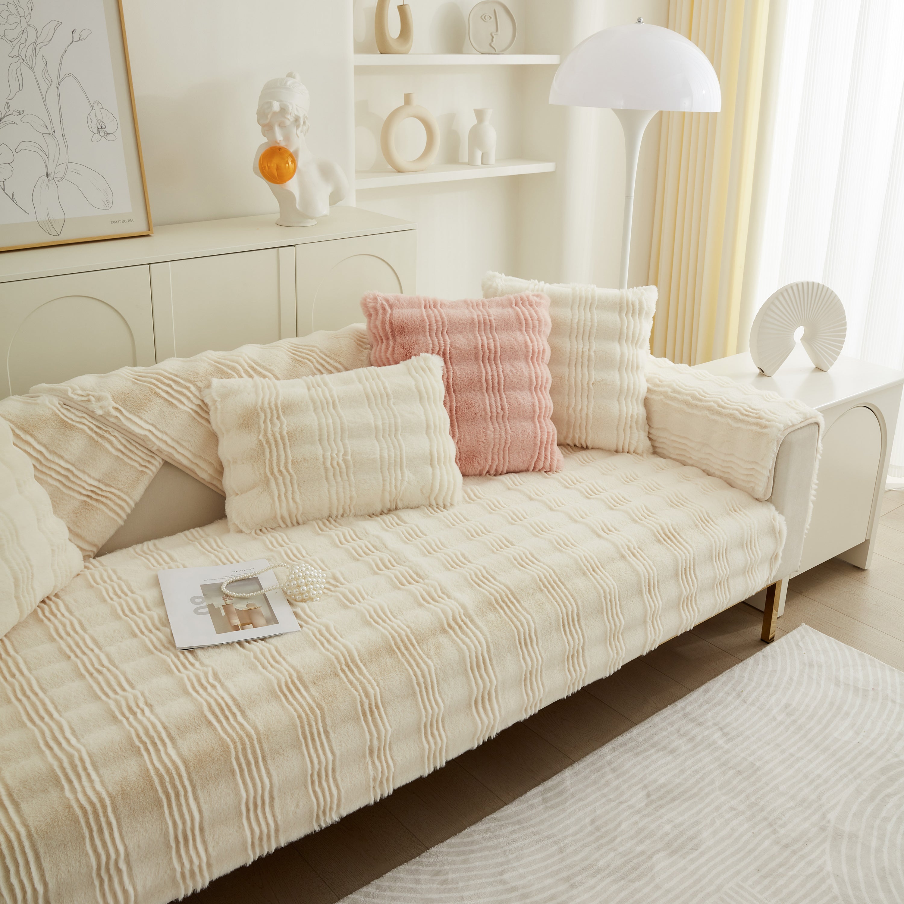Soft Thick Faux Fur Sofa Cover Stripe Fluffy Fuzzy Non-slip Washable Couch Covers