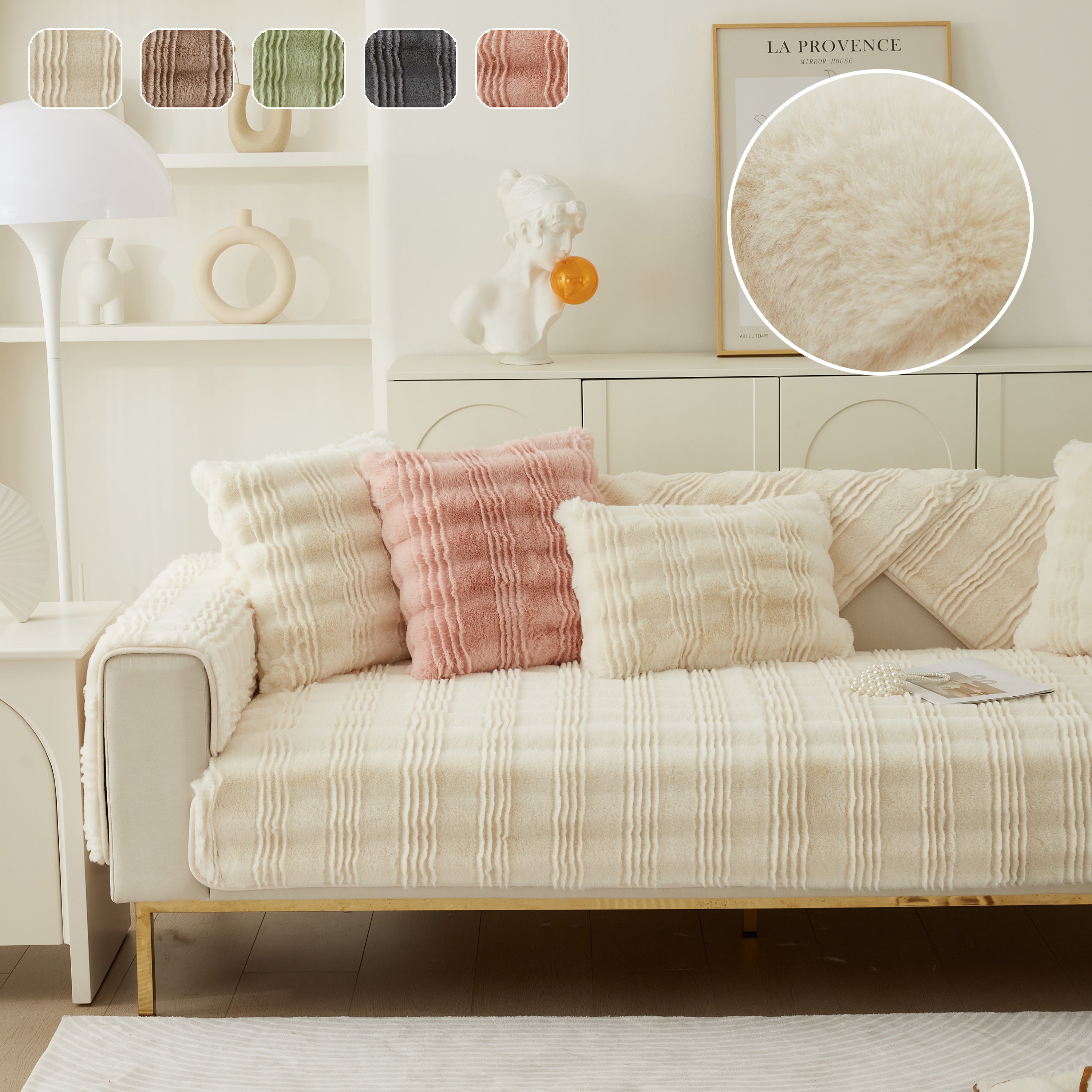 Soft Thick Faux Fur Sofa Cover Stripe Fluffy Fuzzy Non-slip Washable Couch Covers