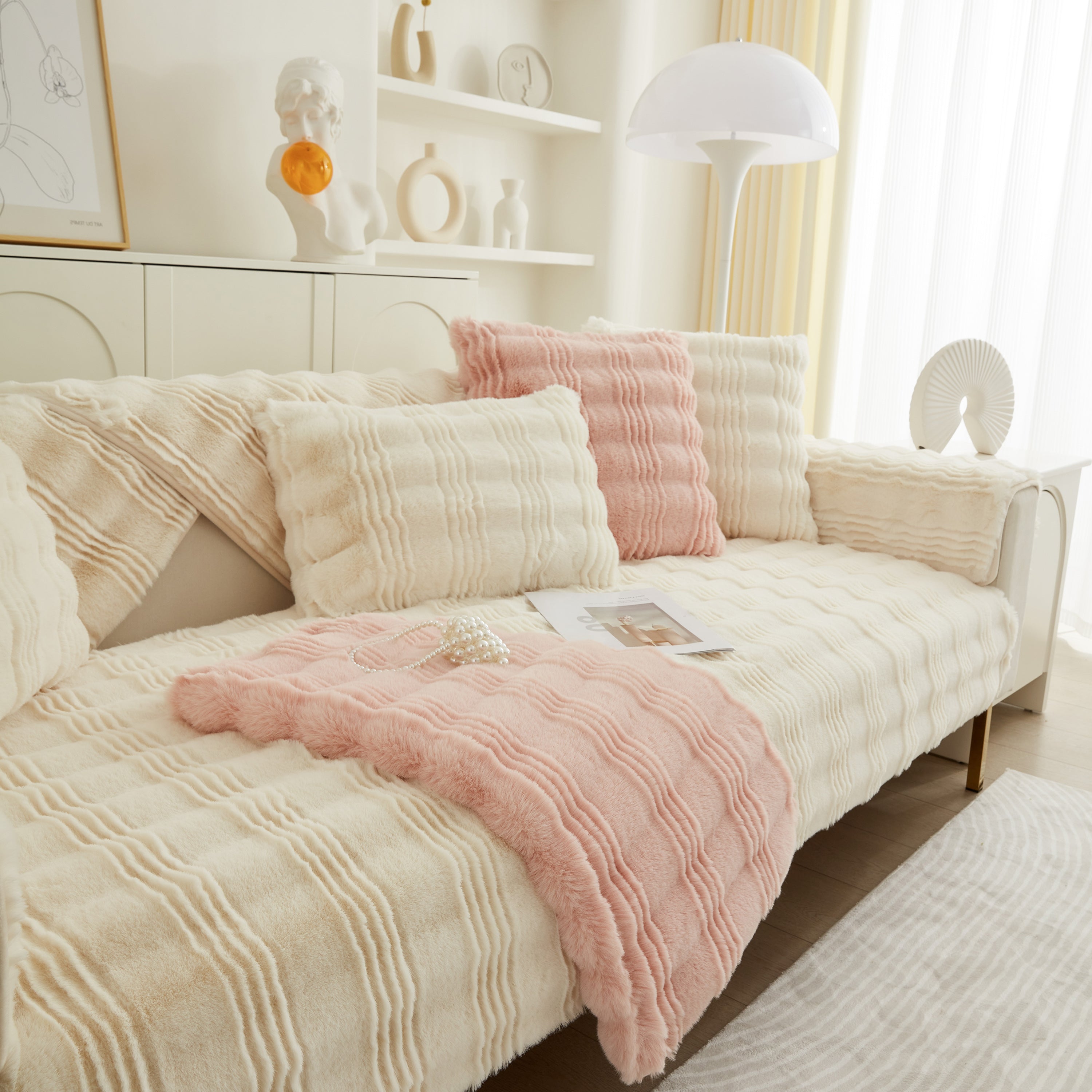 Soft Thick Faux Fur Sofa Cover Stripe Fluffy Fuzzy Non-slip Washable Couch Covers