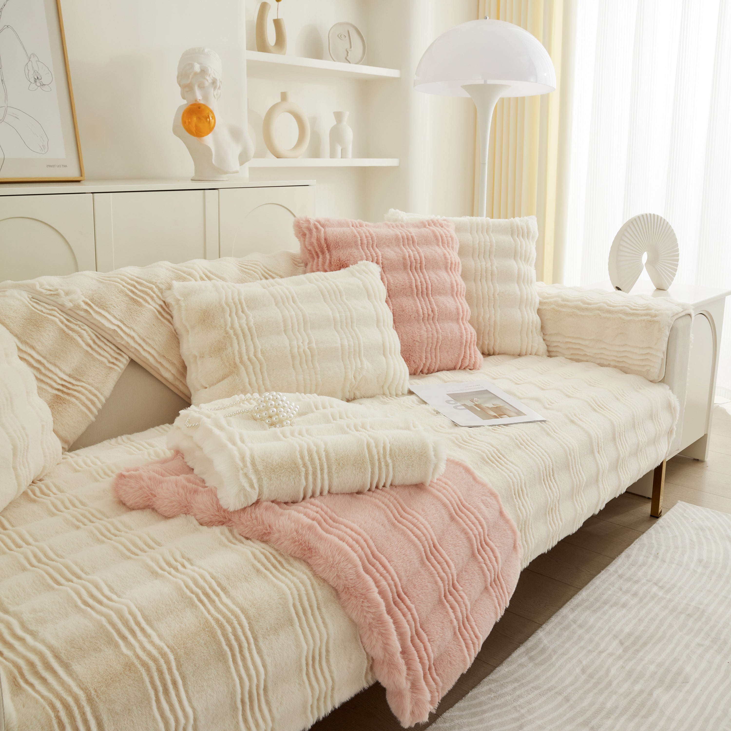 Soft Thick Faux Fur Sofa Cover Stripe Fluffy Fuzzy Non-slip Washable Couch Covers