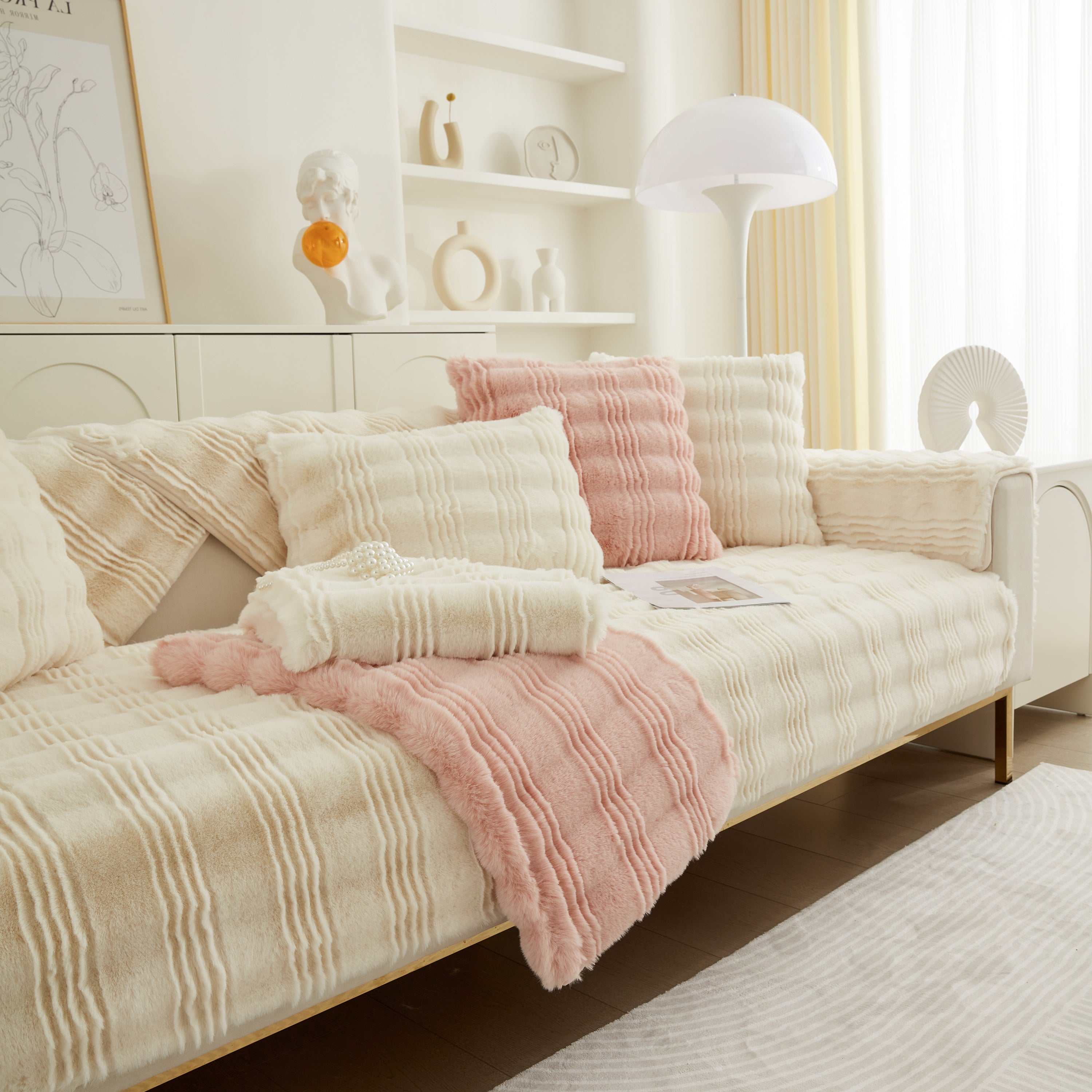 Soft Thick Faux Fur Sofa Cover Stripe Fluffy Fuzzy Non-slip Washable Couch Covers