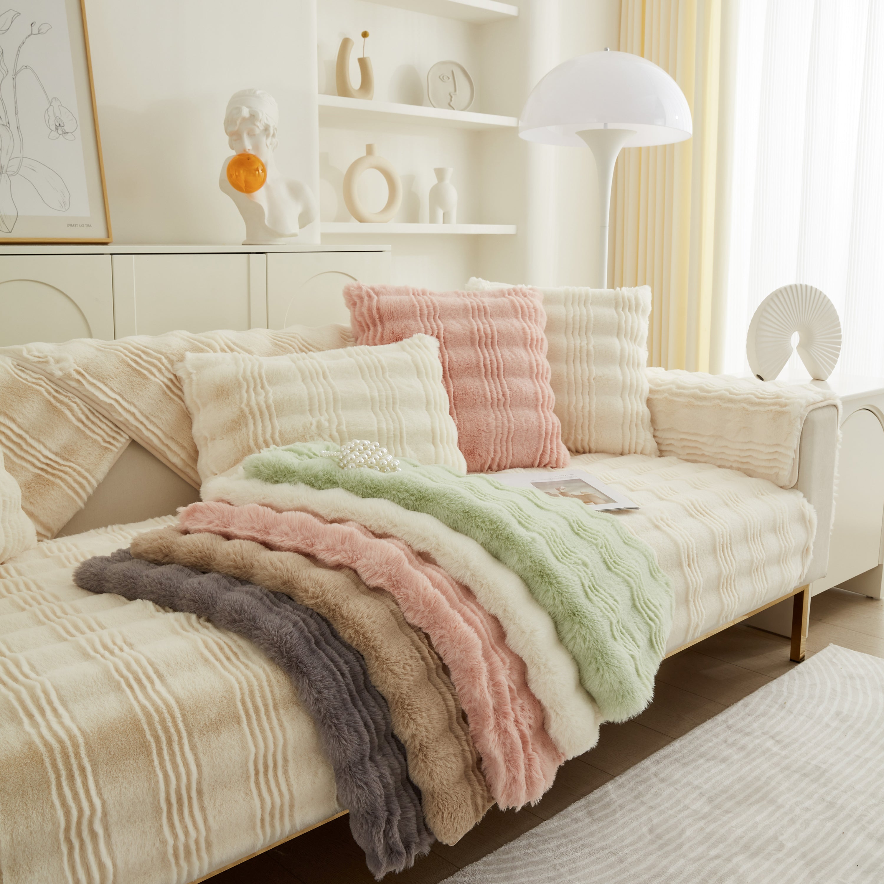 Soft Thick Faux Fur Sofa Cover Stripe Fluffy Fuzzy Non-slip Washable Couch Covers