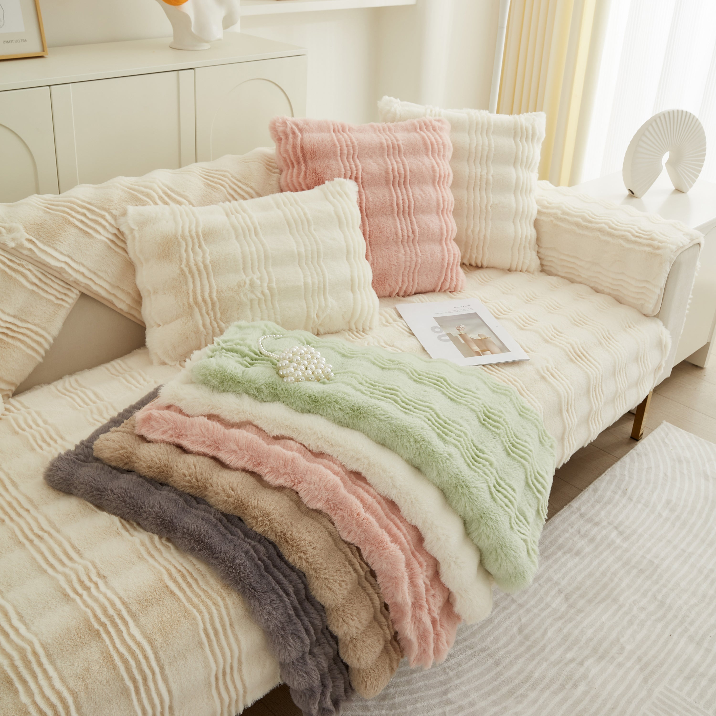 Soft Thick Faux Fur Sofa Cover Stripe Fluffy Fuzzy Non-slip Washable Couch Covers