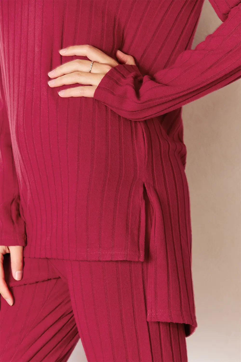 Basic Bae Full Size Ribbed Round Neck High-low Slit Top And Pants Set