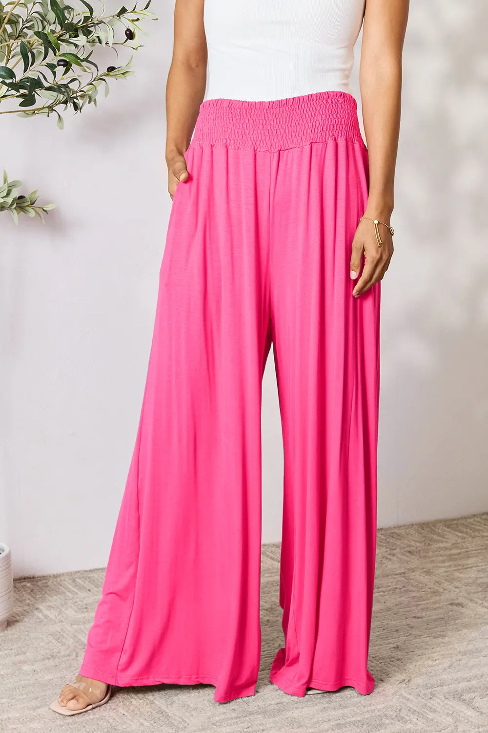 Basic Bae Full Size Smocked Wide Waistband Wide Leg Pants | Includes Plus Size