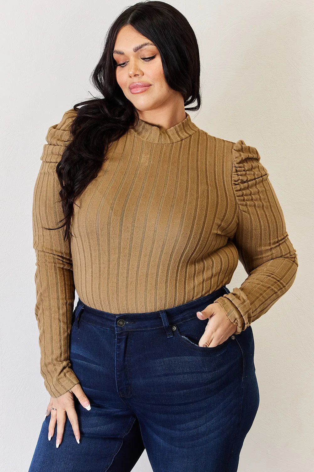 Basic Bae Full Size Ribbed Mock Neck Puff Sleeve T-shirt | Includes Plus Size