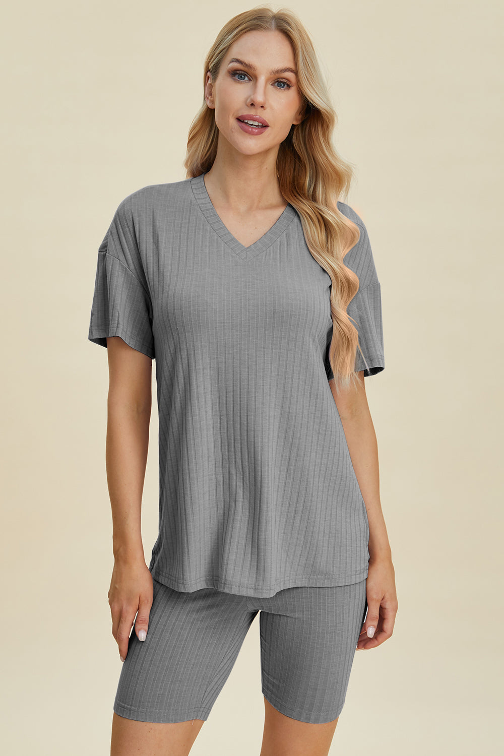 Basic Bae Full Size Ribbed V-neck Short Sleeve Top And Shorts Set