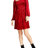 Bar III Women's Velvet Smocked Long Sleeve Dress Red  Size Small