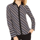 Anne Klein Women's Striped Long Sleeve Collared Top Gray Size X-Small