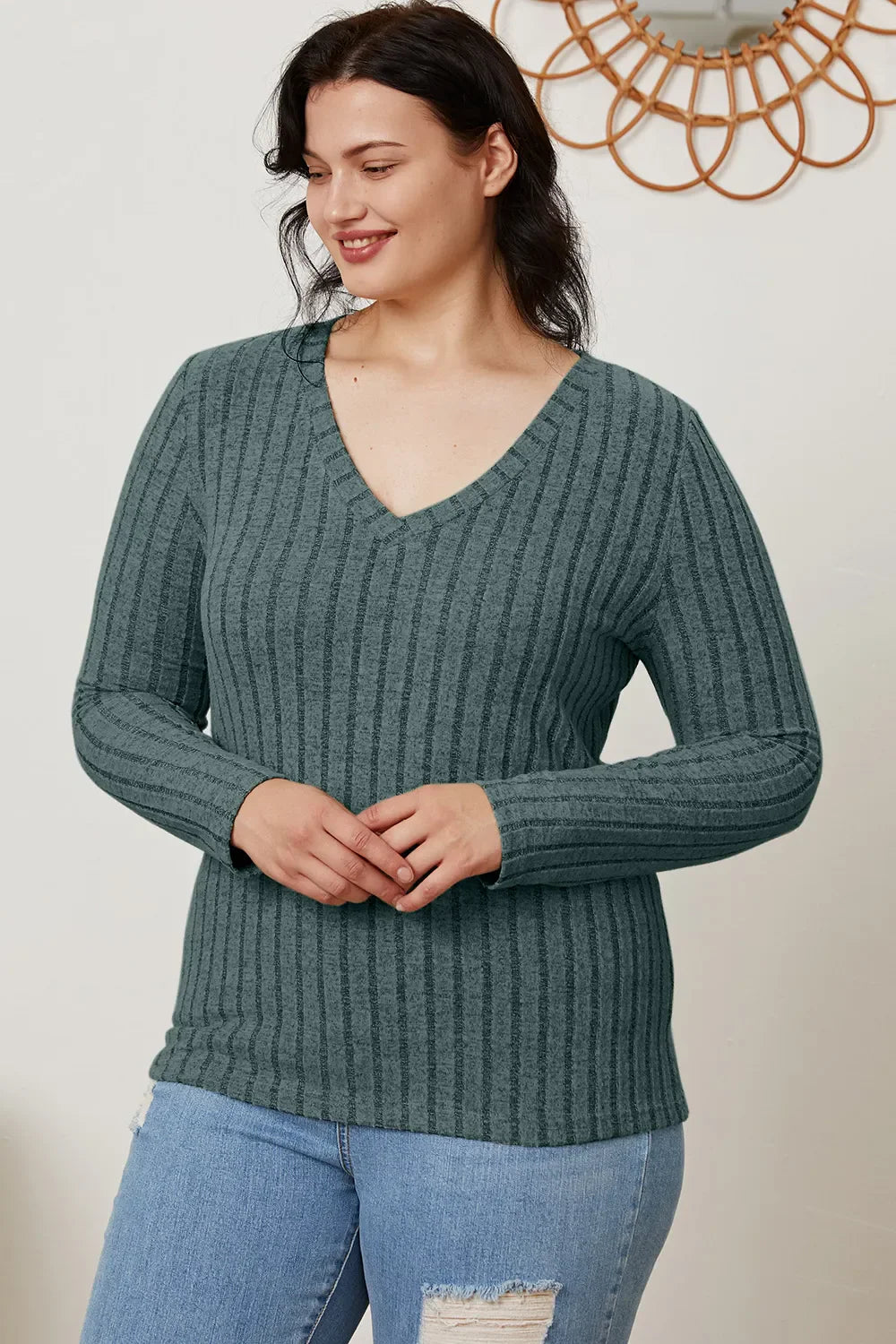 Basic Bae Full Size Ribbed V-neck Long Sleeve Knit Top | Includes Plus Size