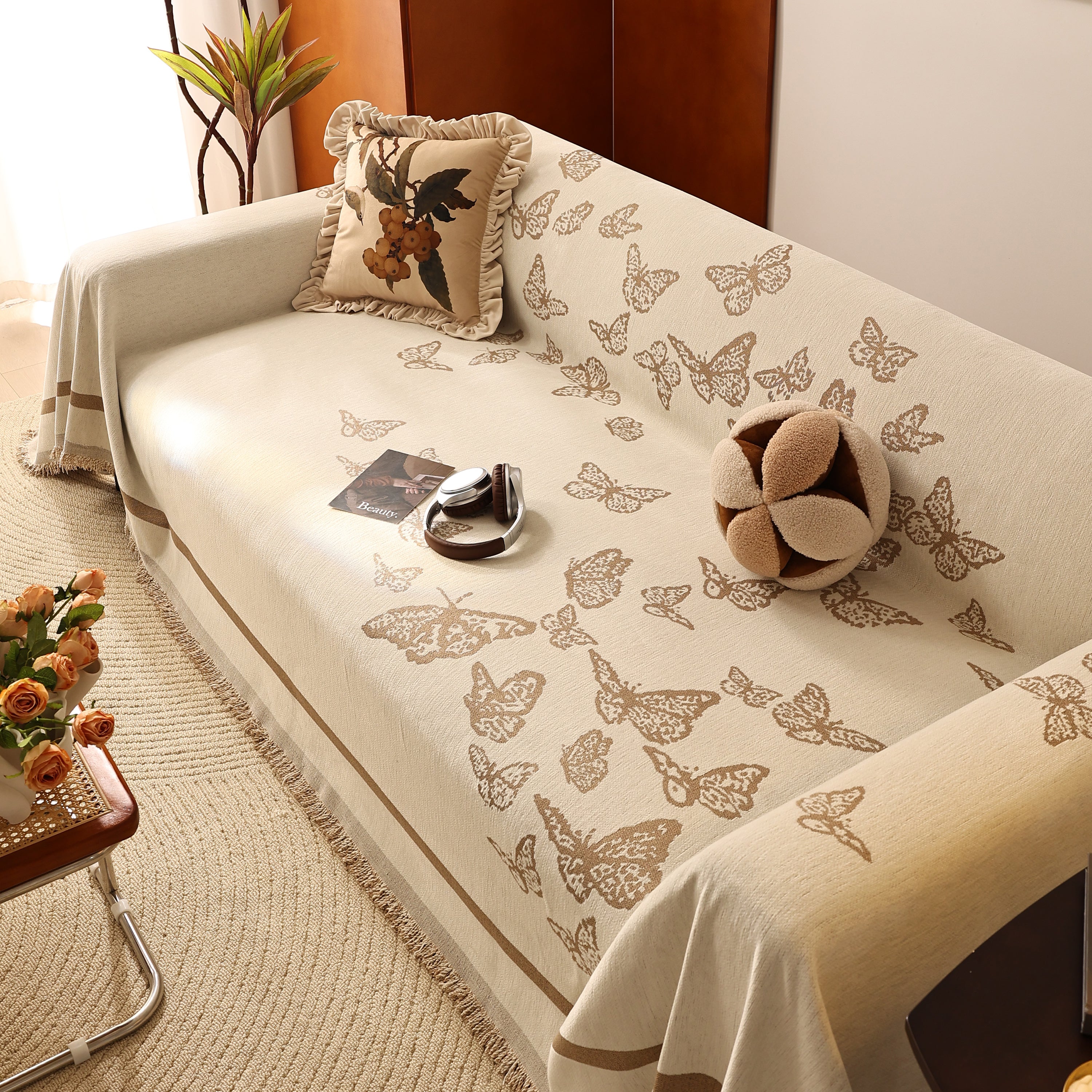 Butterfly Jacquard Soft Couch Blankets Cover For Couch Reversible Modern Sofa Slipcover Throw Covers