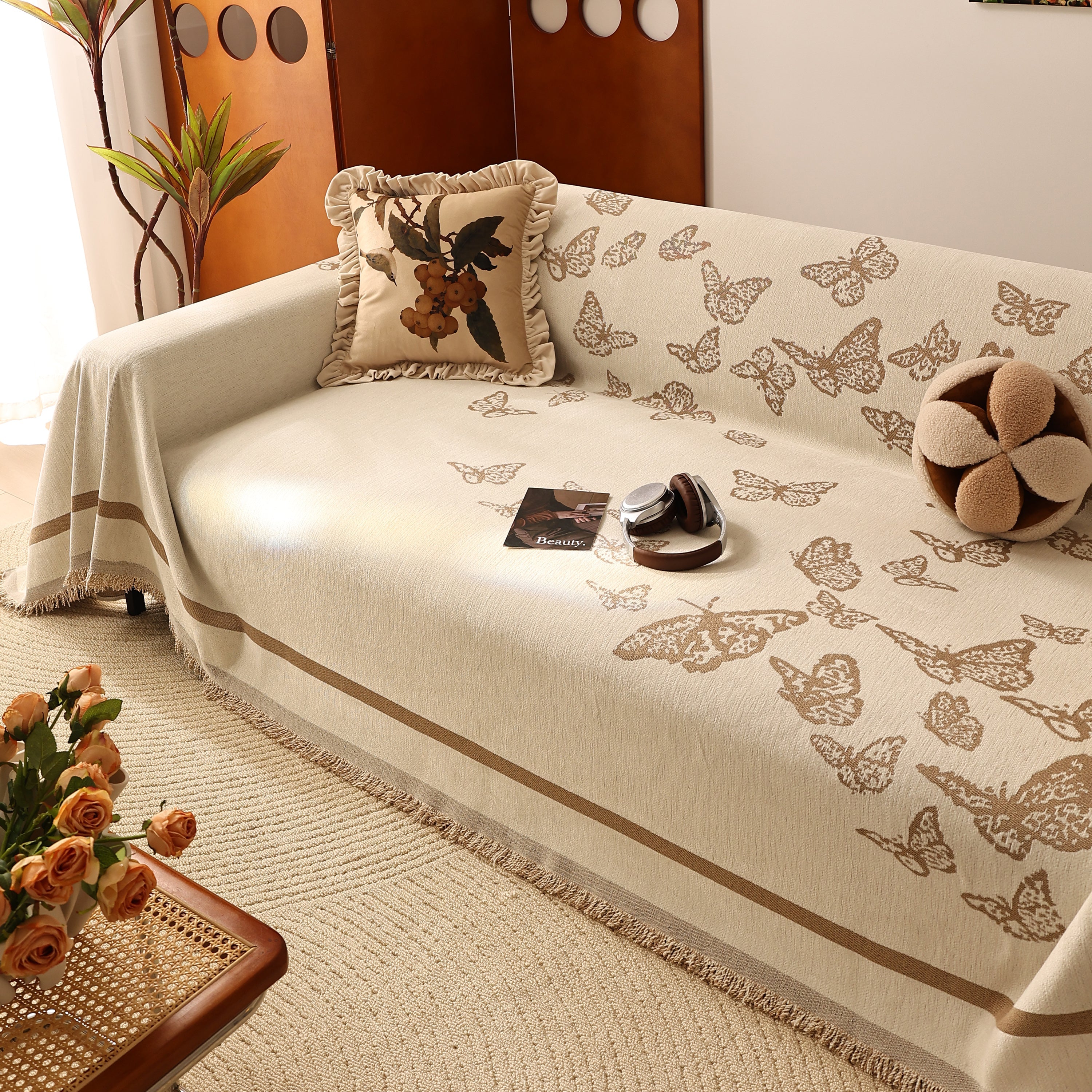 Butterfly Jacquard Soft Couch Blankets Cover For Couch Reversible Modern Sofa Slipcover Throw Covers