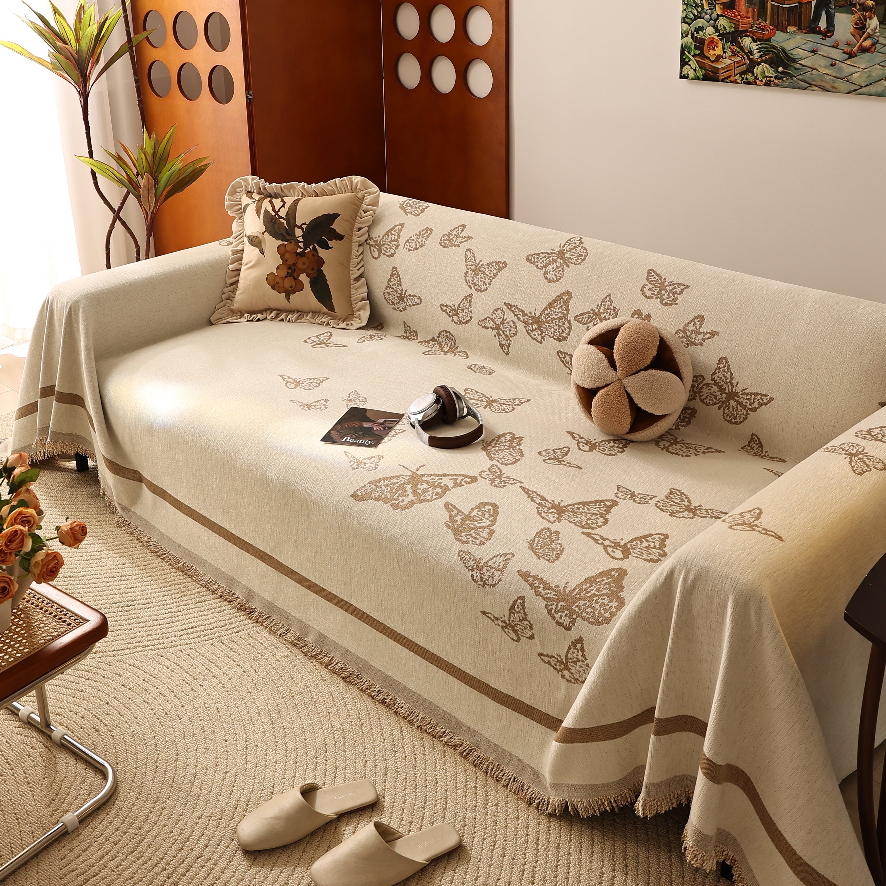 Butterfly Jacquard Soft Couch Blankets Cover For Couch Reversible Modern Sofa Slipcover Throw Covers