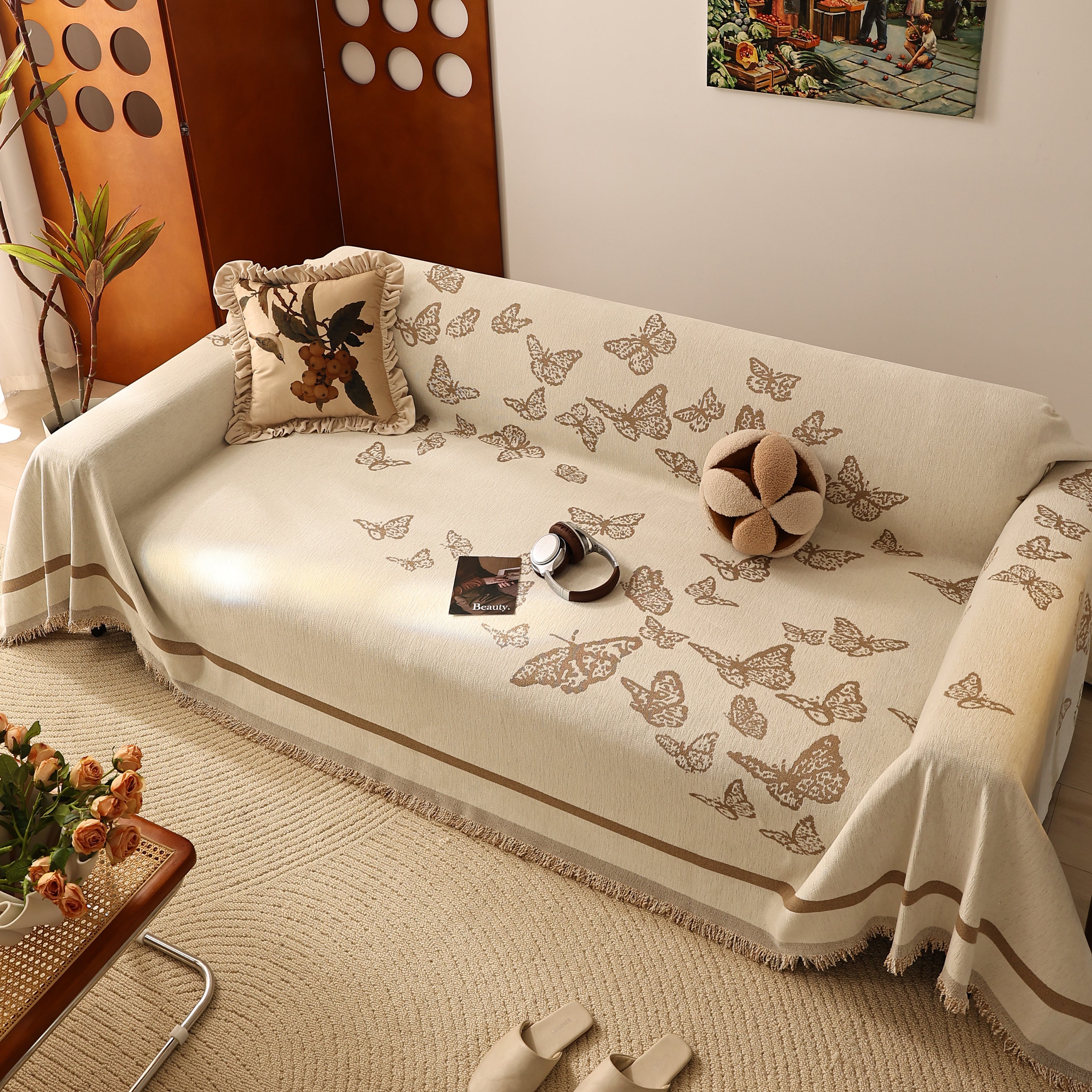 Butterfly Jacquard Soft Couch Blankets Cover For Couch Reversible Modern Sofa Slipcover Throw Covers